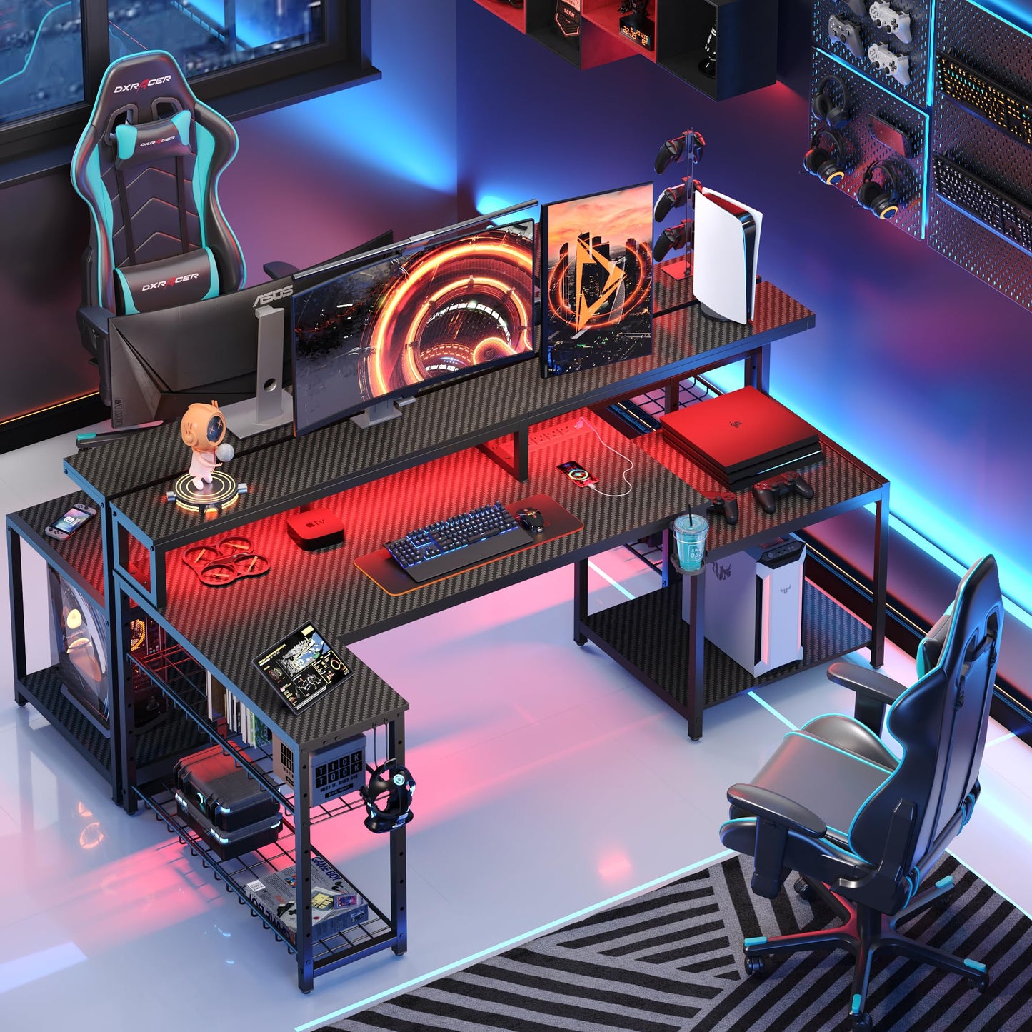 Bestier LED Gaming Desk with Power Outlets, 71 inch L Shaped Computer Desk with Monitor Stand, Large Desk with Printer Stand Adjustable Shelf, Cup Holder & Hooks, Home Office Desk Black