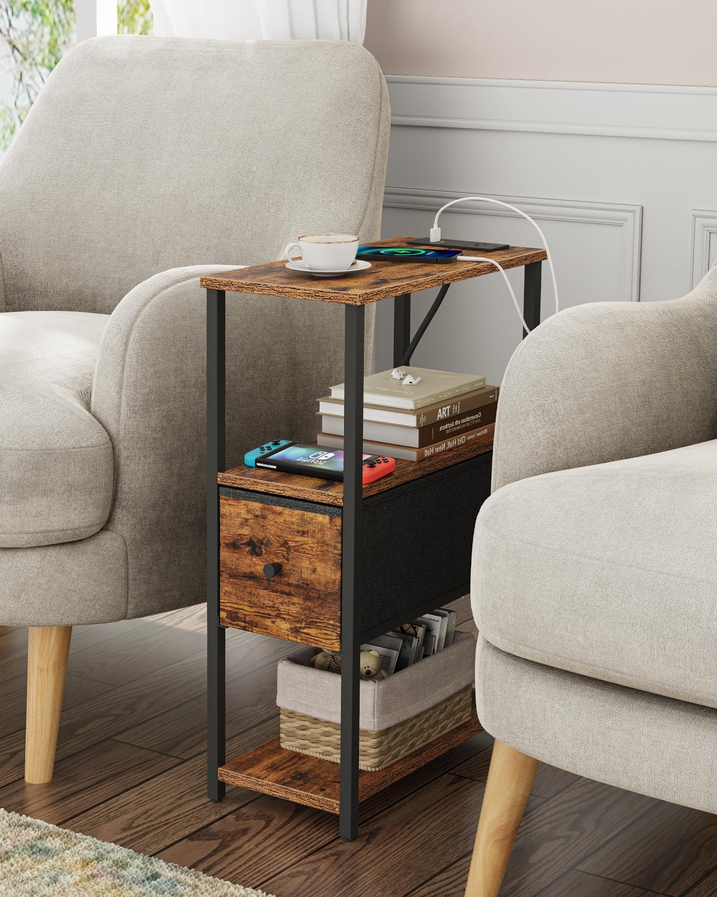 TUTOTAK Set of 2 Small Narrow End Table with Charging Station, Side Table with Outlets, Nightstand with Cloth Drawer, Couch Table, for Living Room, Bedroom, Bedside, Brown TB01BB058