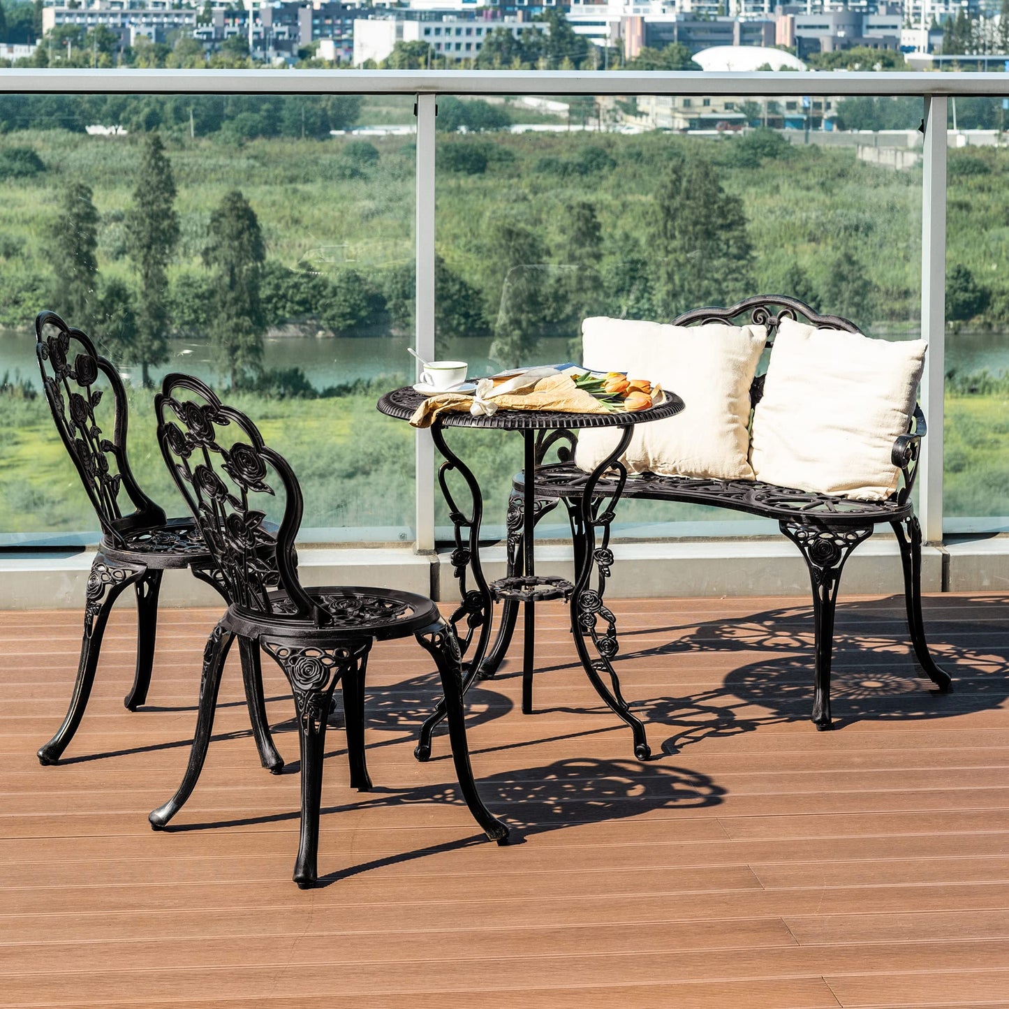 Aura Outdoor Cast Aluminum Bistro Set of 4, Patio Rose Table and Chair Set with Umbrella Hole for Balcony All Weather Resistant Black