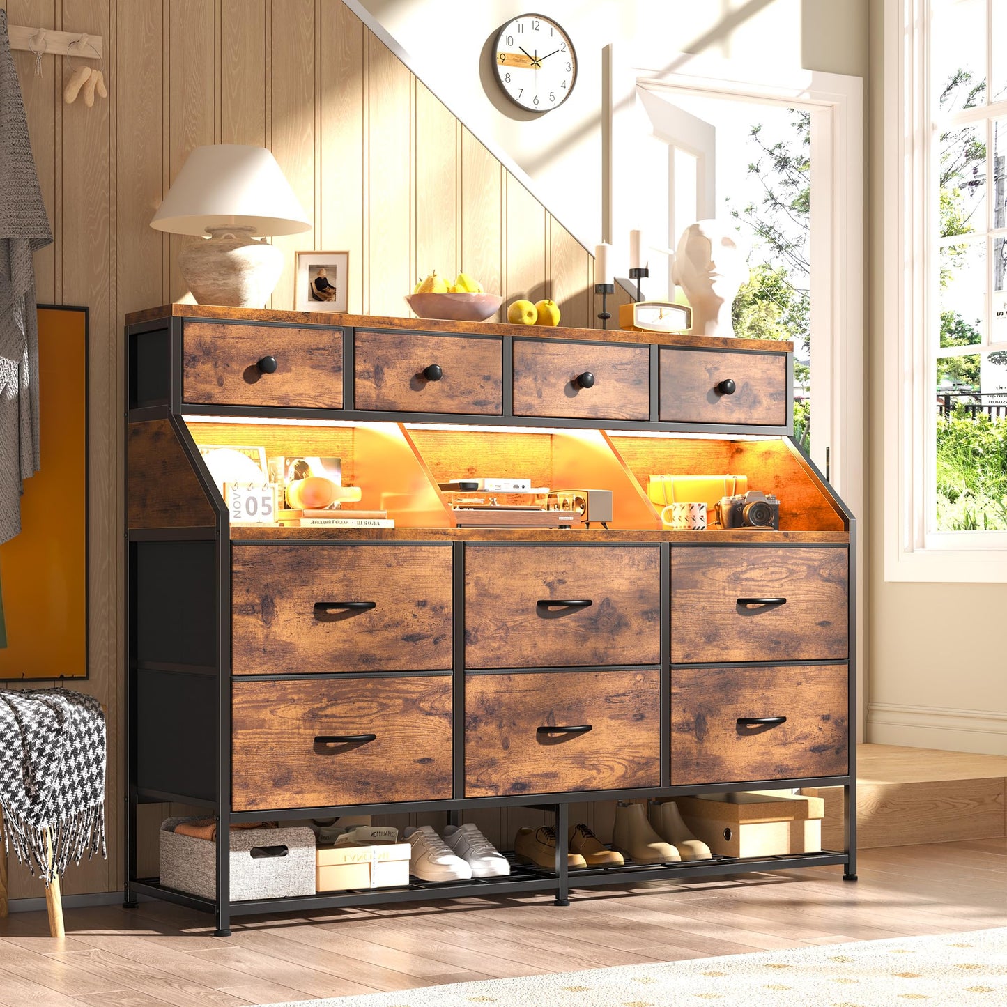 Dresser for Bedroom with 10 Drawers & Shoe Rack Fabric Dressers & Chests of Drawers with LED Lights and Power Outlets Bedroom Dresser for Entryway, Halfway, Closet (Rustic Brown)
