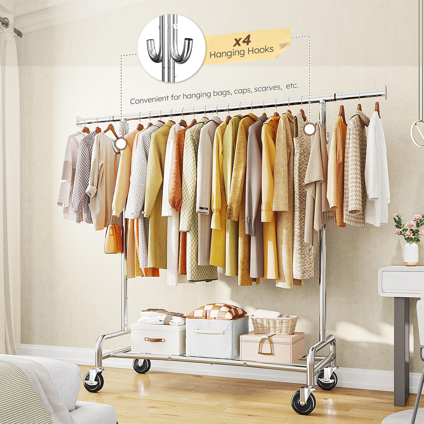 Raybee Clothes Rack Holds 300 Items of Clothing, Clothing Racks for Hanging Clothes, Rolling Garment Rack with Sturdy Wheels & Shelf, Portable & Adjustable, Chrome