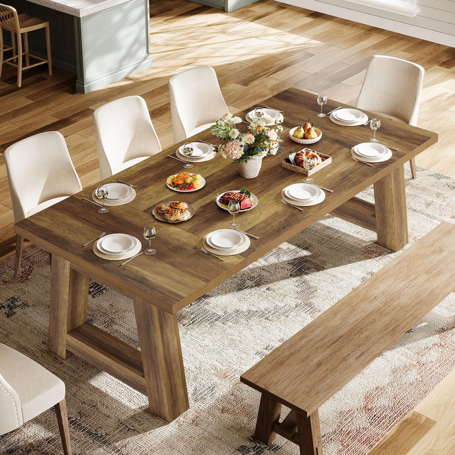 Tribesigns 70.5'' Long Dining Table for 6-8, Farmhouse Wooden Kitchen Table with Sturdy Legs, Large Rectangle Dinner Furniture for Home, Dining Room, Brown