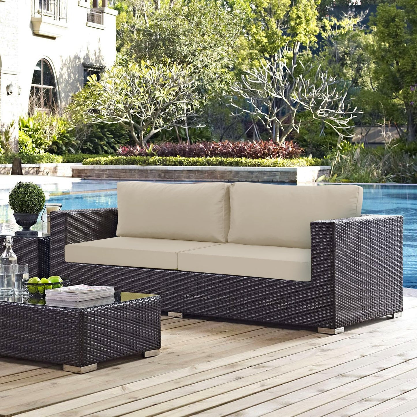 Summsun Patio Furniture Cushions Replacement Set of 2, Outdoor Deep Seat Couch Cushion and Backrest Pillow with Waterproof Removable Cover for Sectional Sofa Set, 25.6 x 25.6 Inch, Cream