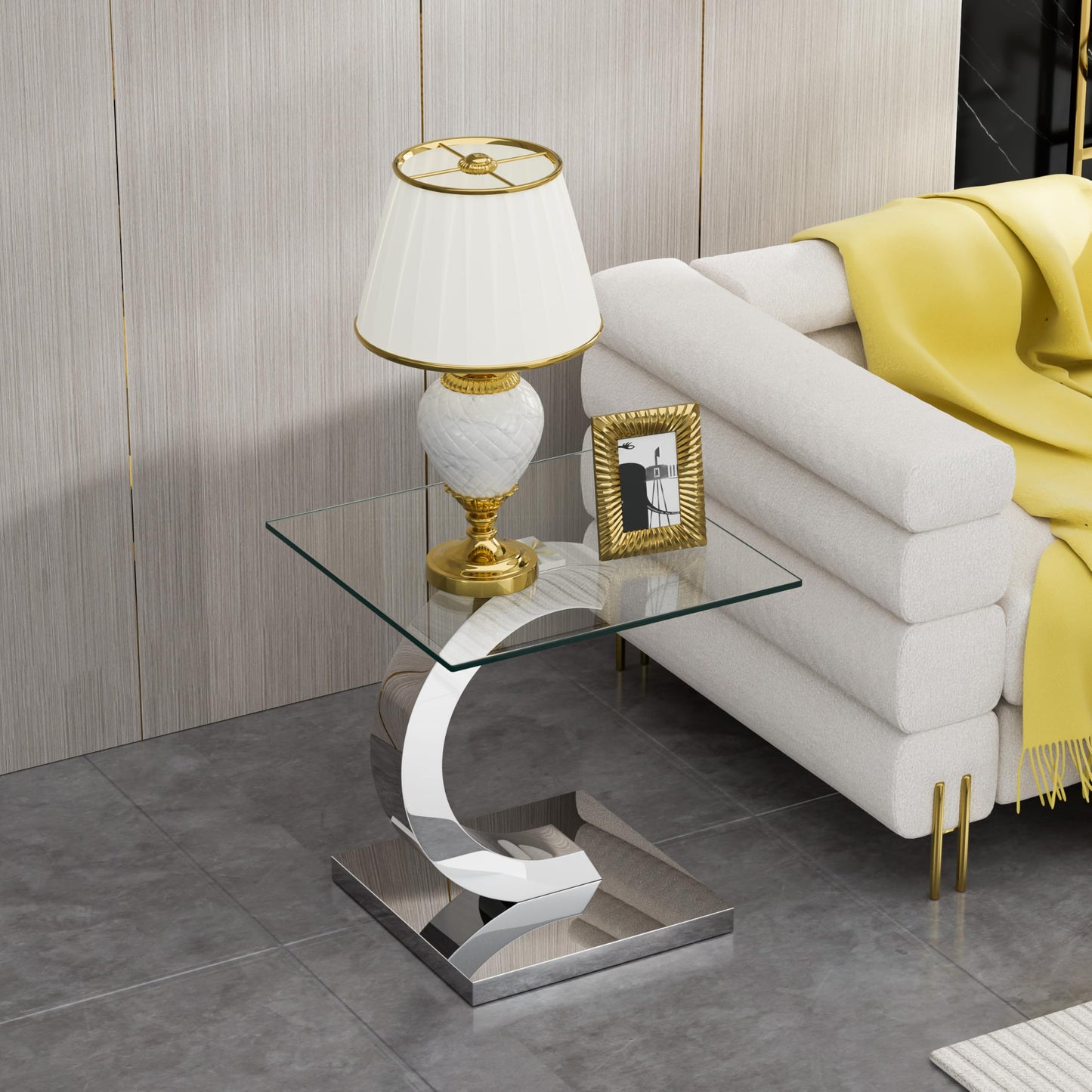 HomVent 3 Piece Glass Coffee Table Set, Living Room Side Table Set of 3, Modern Tempered Glass Coffee Table and 2 End Tables Set with Silver Unique Shapes Stainless Steel Base for Living Room