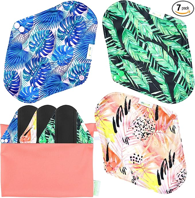 wegreeco Reusable Menstrual Pads - Reusable Sanitary Pads | Reusable Panty Liners | Soft Cloth Menstrual Pads - 6 Pack with 1 Cloth Mini Wet Bag (Large, Leaves
