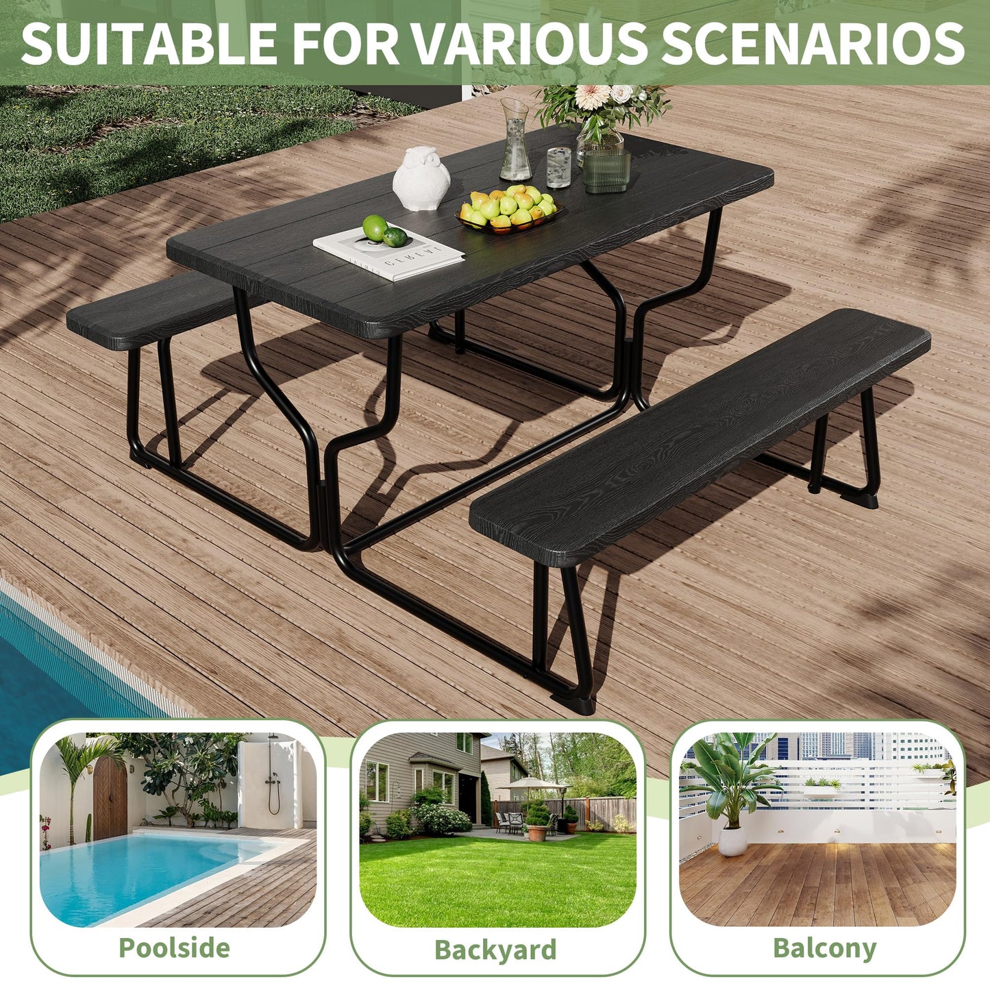 Outdoor Picnic Tables with Benches, Portable Picnic Table with Seats, Plastics Picnic Table Bench Set with Metal Frame, Large Camping Table Chair Set for Patio Deck Lawn Garden Backyard, Black