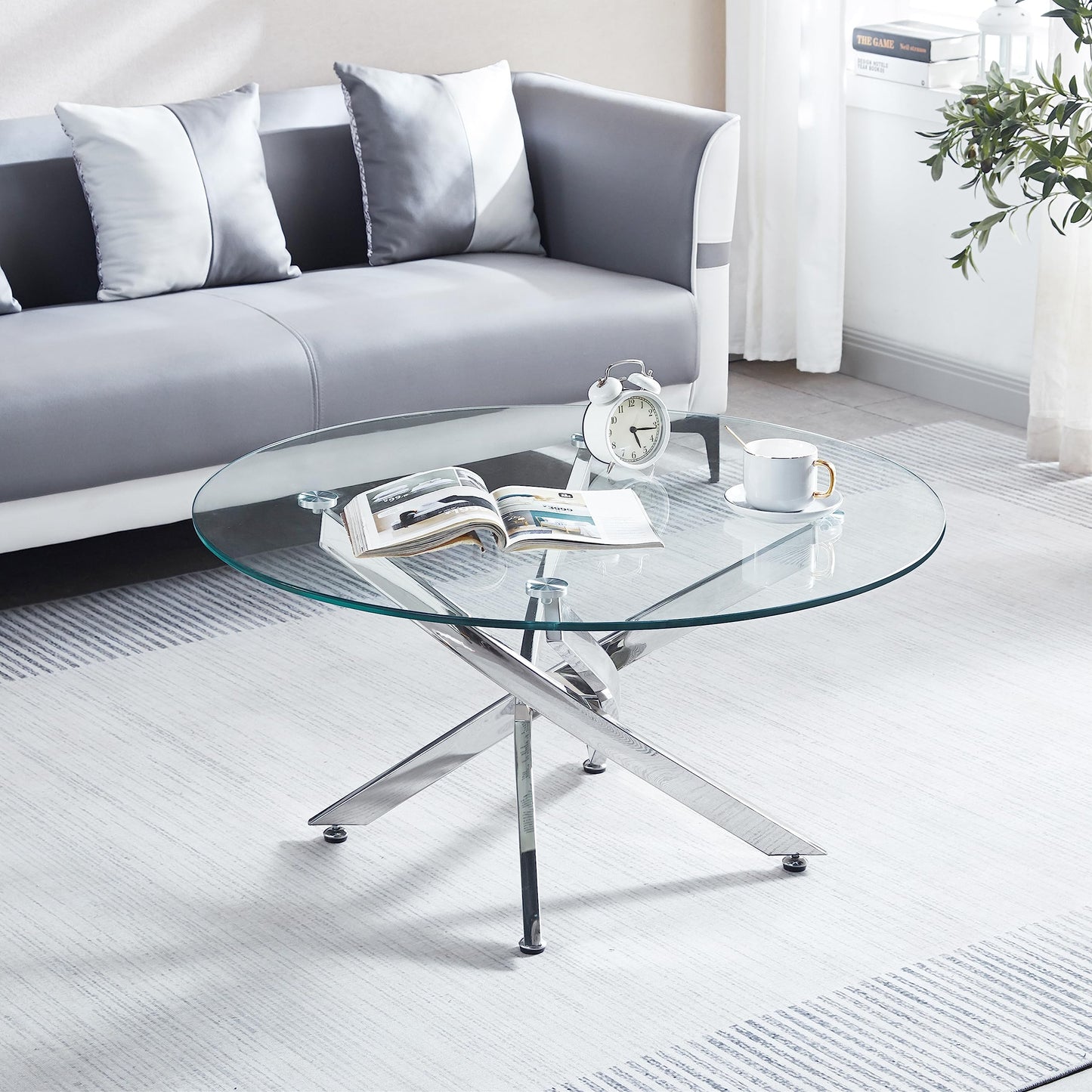 SSLine Round Glass Coffee Table with Silver Base Clear Tempered Glass Pedestal Center Table Luxury 35.4" Coffee Table for Living Room Bedroom Reception Room Coffee Table w/Mirror Stainless Steel Legs