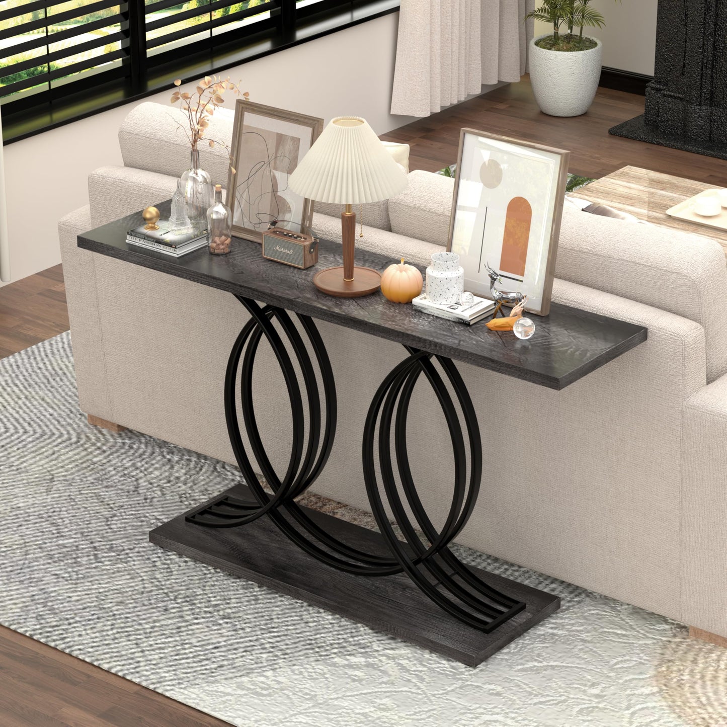 Keelian 54 Inch Console Table for Entryway, Hallway Sofa Table, End Tables for Living Room,Narrow Accent Decor Furniture with Circle Metal Legs for Foyer, Entrance