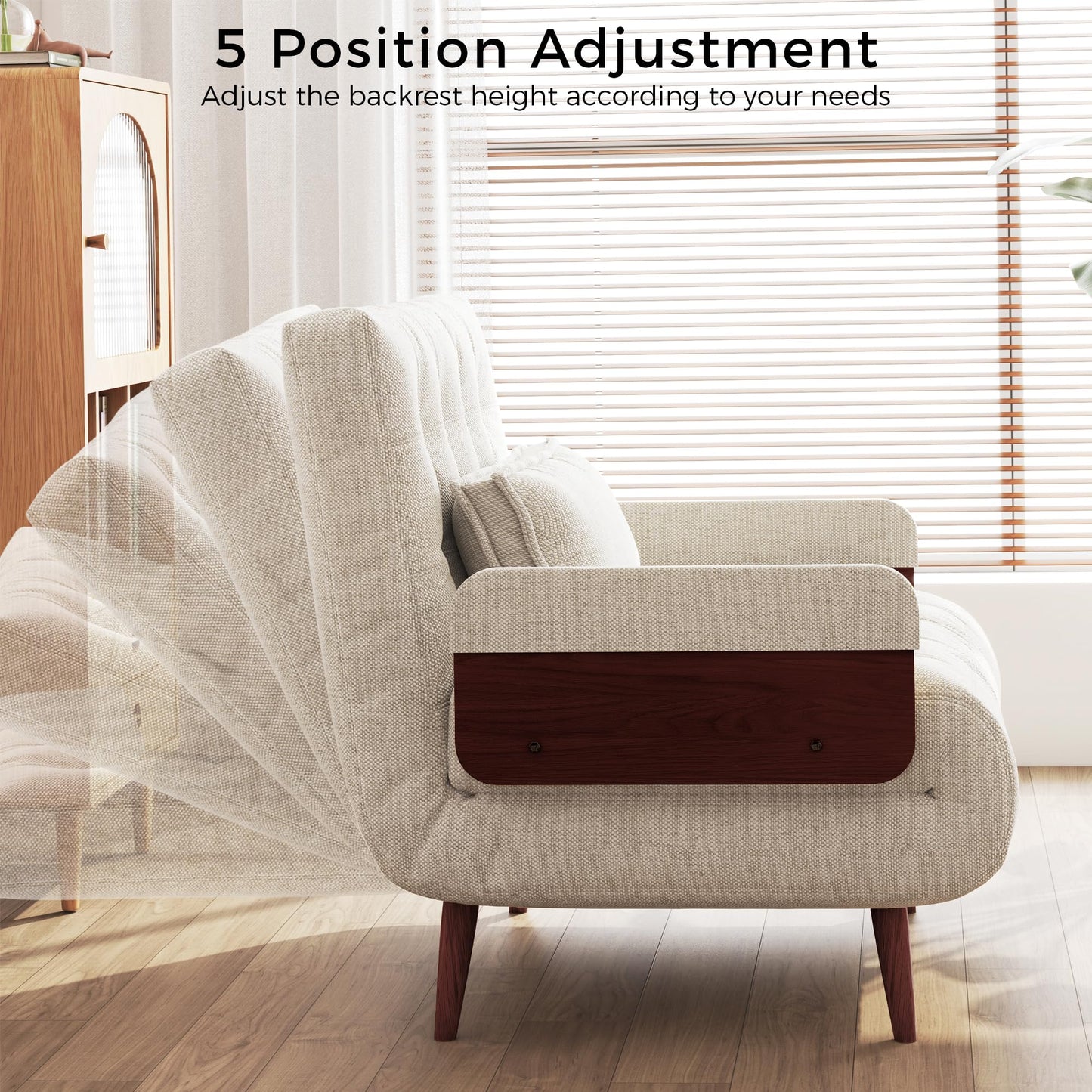 JASIWAY 3-in-1 Convertible Chair Bed Sleeper for Adults, Linen Convertable Sleeper Chair with Wooden Arms & Pillows, Foldable Single Futon Sofa Bed (Modern with Walnut Arm, 28.4" Wide)