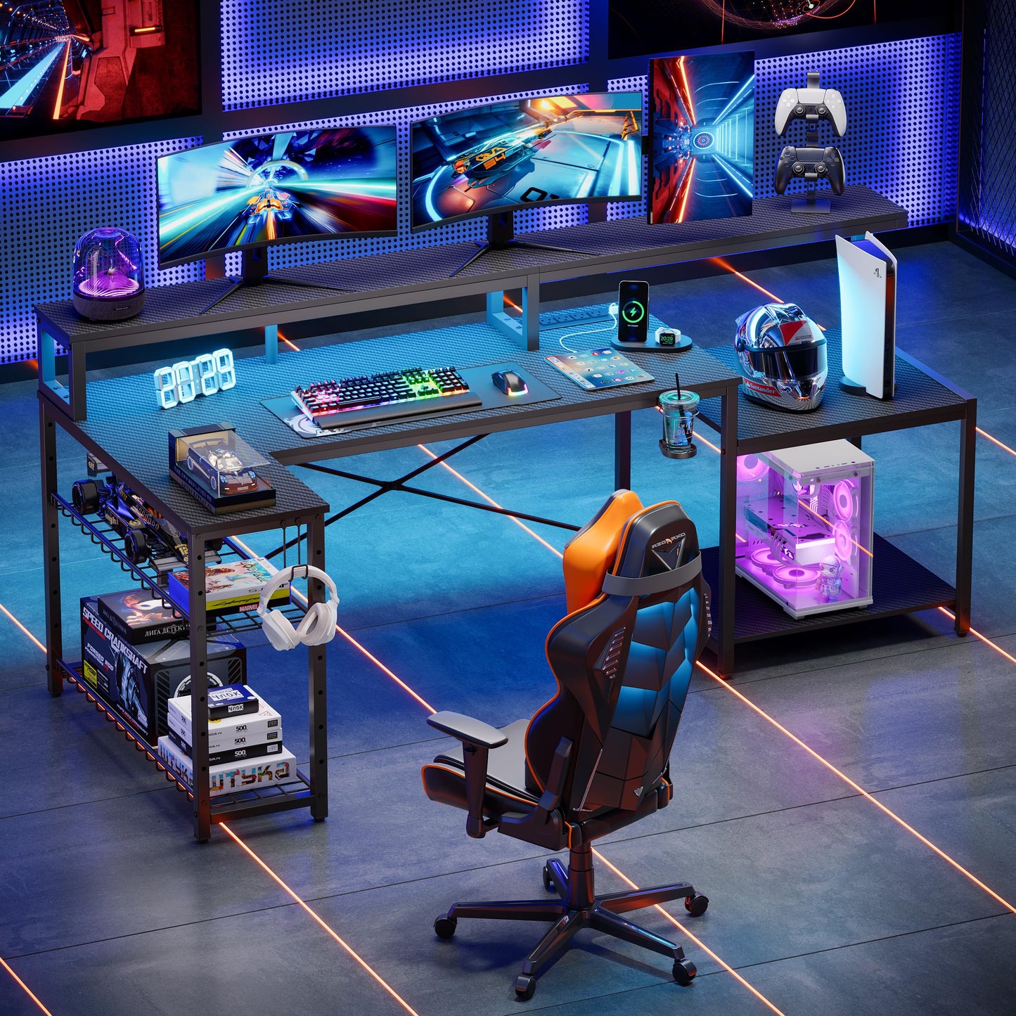 Bestier LED Gaming Desk with Power Outlets, 71 inch L Shaped Computer Desk with Monitor Stand, Large Desk with Printer Stand Adjustable Shelf, Cup Holder & Hooks, Home Office Desk Black
