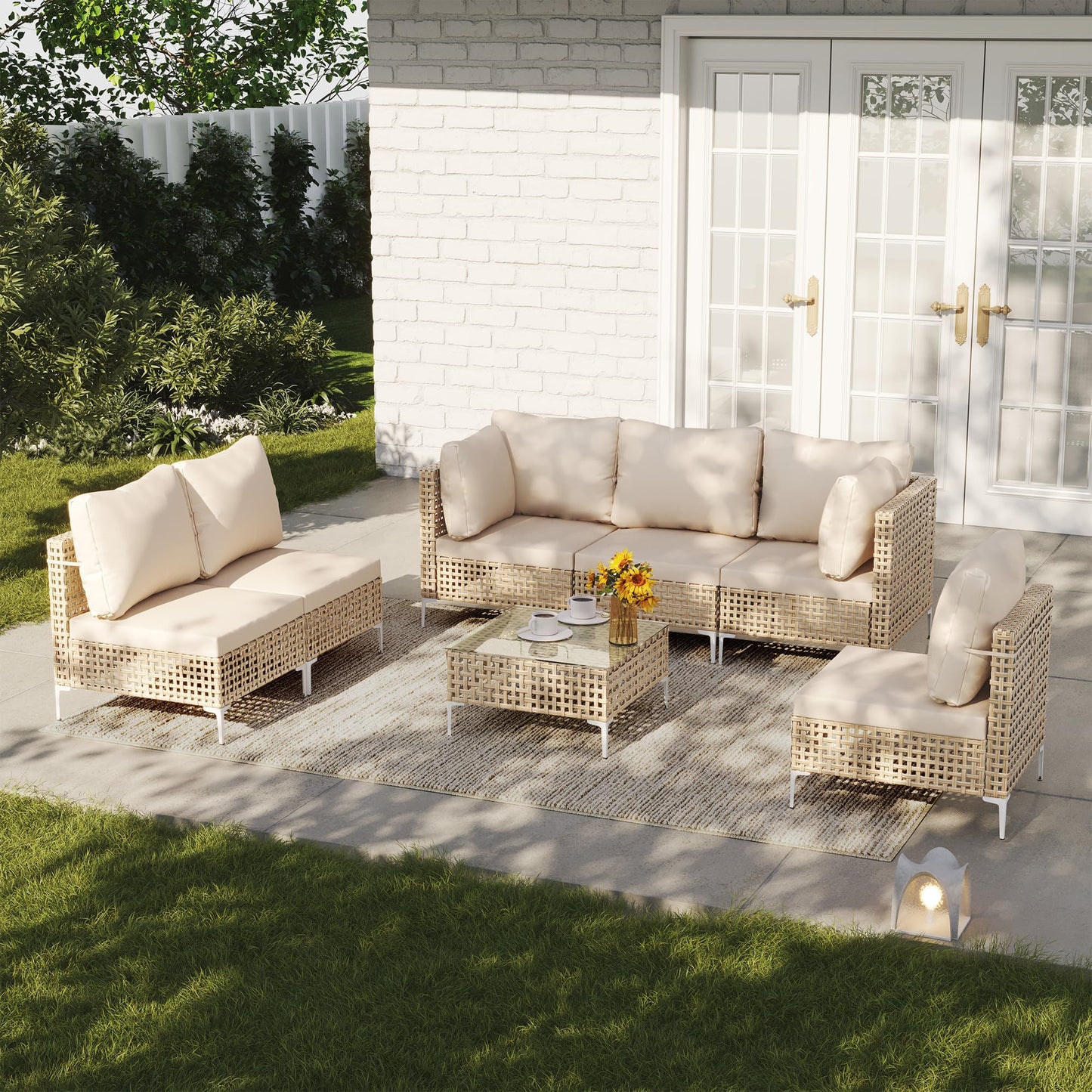 JHSDFOUIH 7-Piece Patio Furniture Set, Outdoor Sectional Sofa with Coffee Table & Thick Cushions, All-Weather PE Wicker Conversation Set for Garden, Deck, Backyard, Beige
