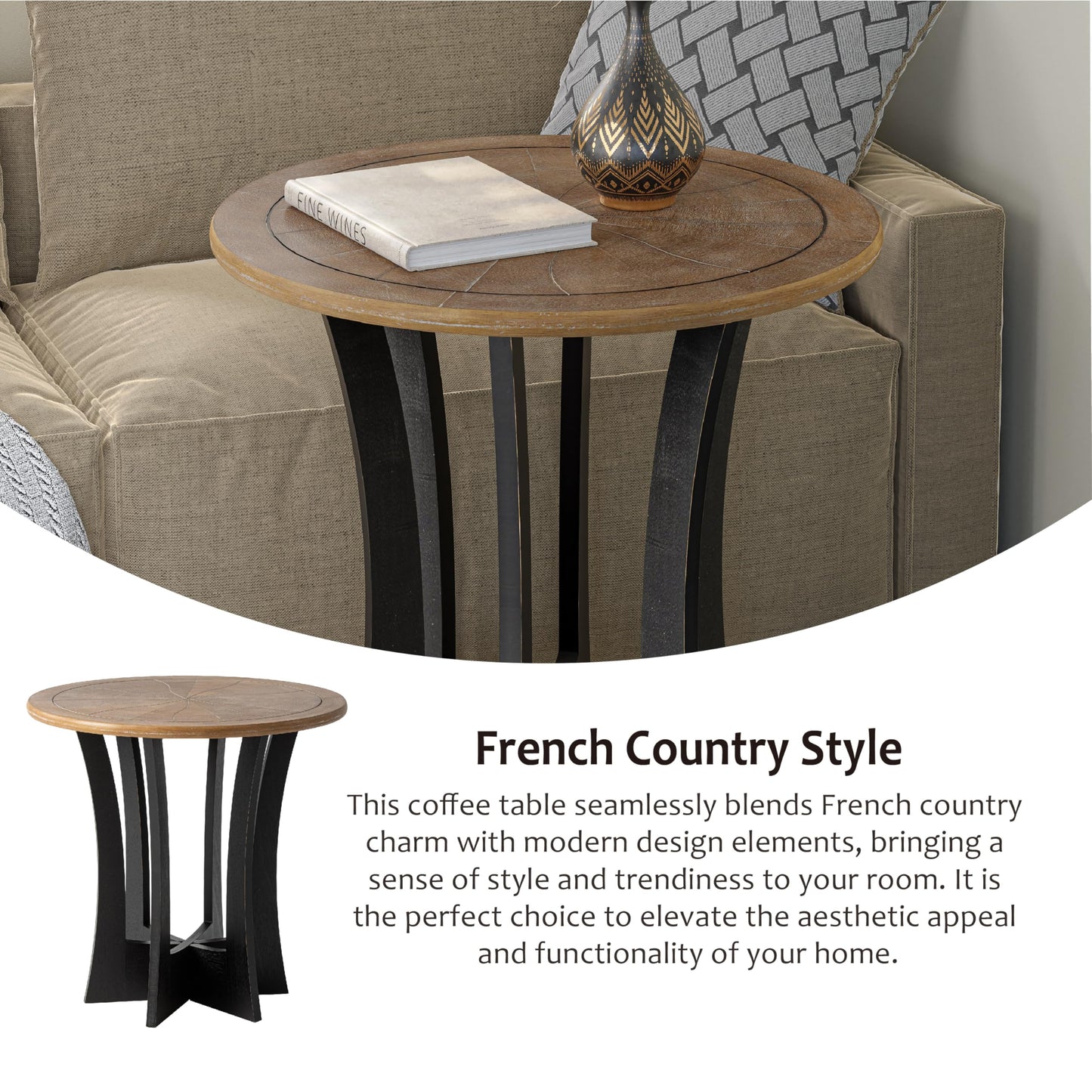 COZAYH Farmhouse Round End Table with Criss-Cross Wood Legs, Rustic French Country Side Table for Dinning or Living Room, Modern, Black, Natural Wood