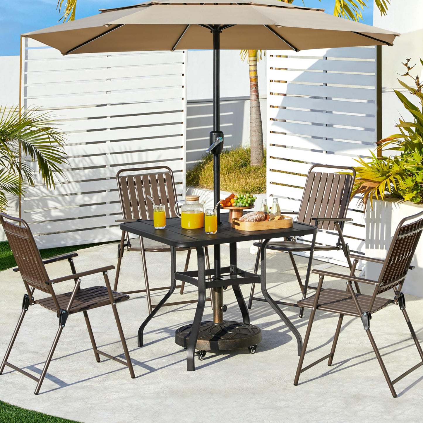 Yaheetech Folding Patio Chair Set of 4, Outdoor Dining Chair with Armrests, Plastic Patio Chair for Porch, Deck, Garden, Backyard, No Assembly Espresso