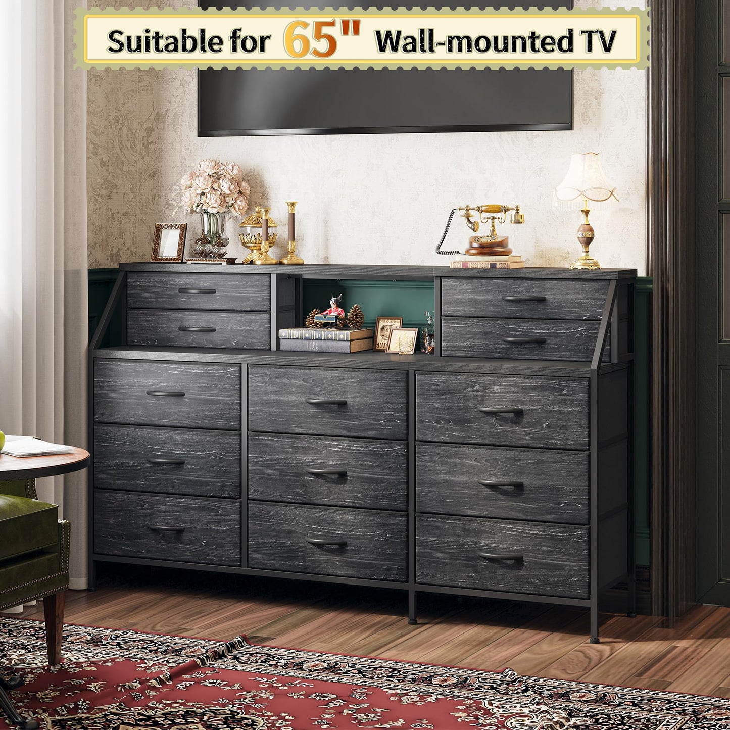 Romorgniz 55" W Black Dresser for Bedroom, Dressers & Chests of Drawers with 13 Fabric Drawers and 2 Extra Open Shelves, Long Vanity Dressers for Bedroom & Closet, Metal Frame & Wooden Top