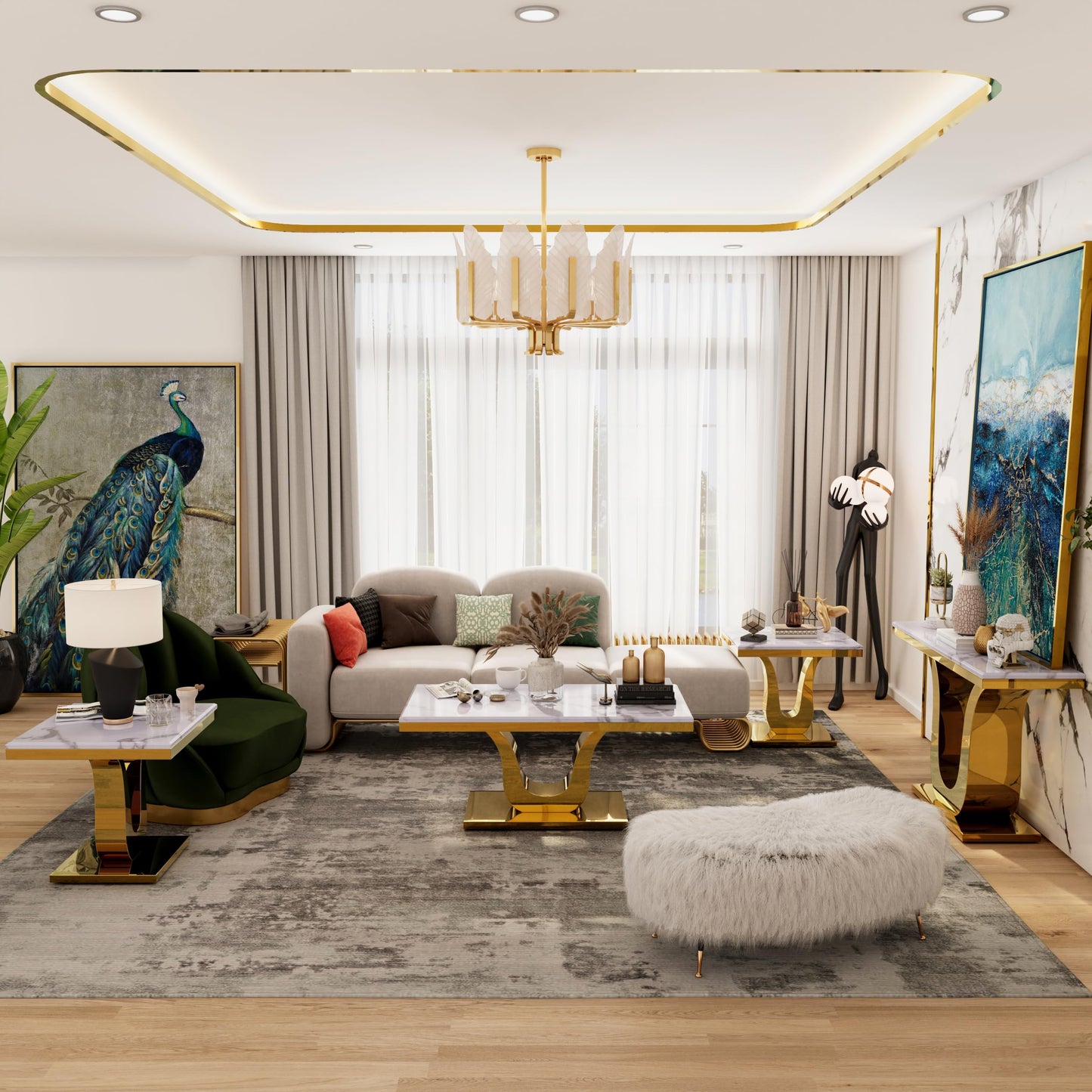 Anewsun Gold Coffee Table, White and Gold Rectangle Living Room Tea Table, Glam 48 inch Coffee Table for Living Room, Guest Hall, Reception Room