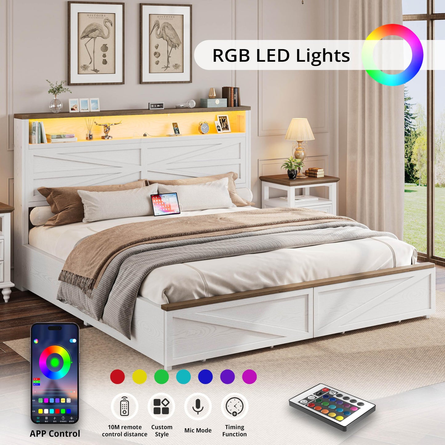 IRONCK Farmhouse King Size Bed Frame with LED Light and Charging Station, Wood Bed Frame with Storage Headboard and 2 Drawers， Barn Door Design, Sturdy and Noiseless, White