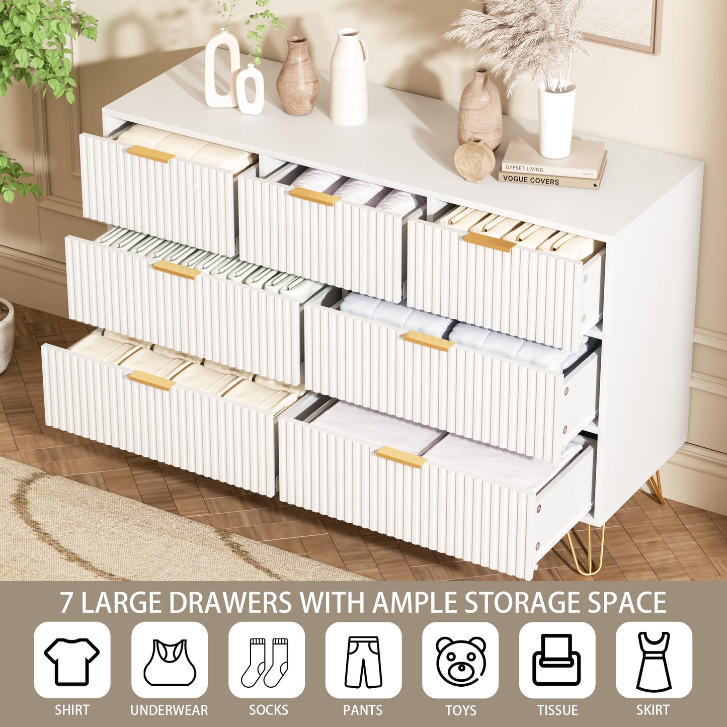 Furniway Dresser for Bedroom, Fluted Modern Dresser with Gold Pulls and 7 Drawers, 15.7" D x 47.2" W x 31.4" H, White