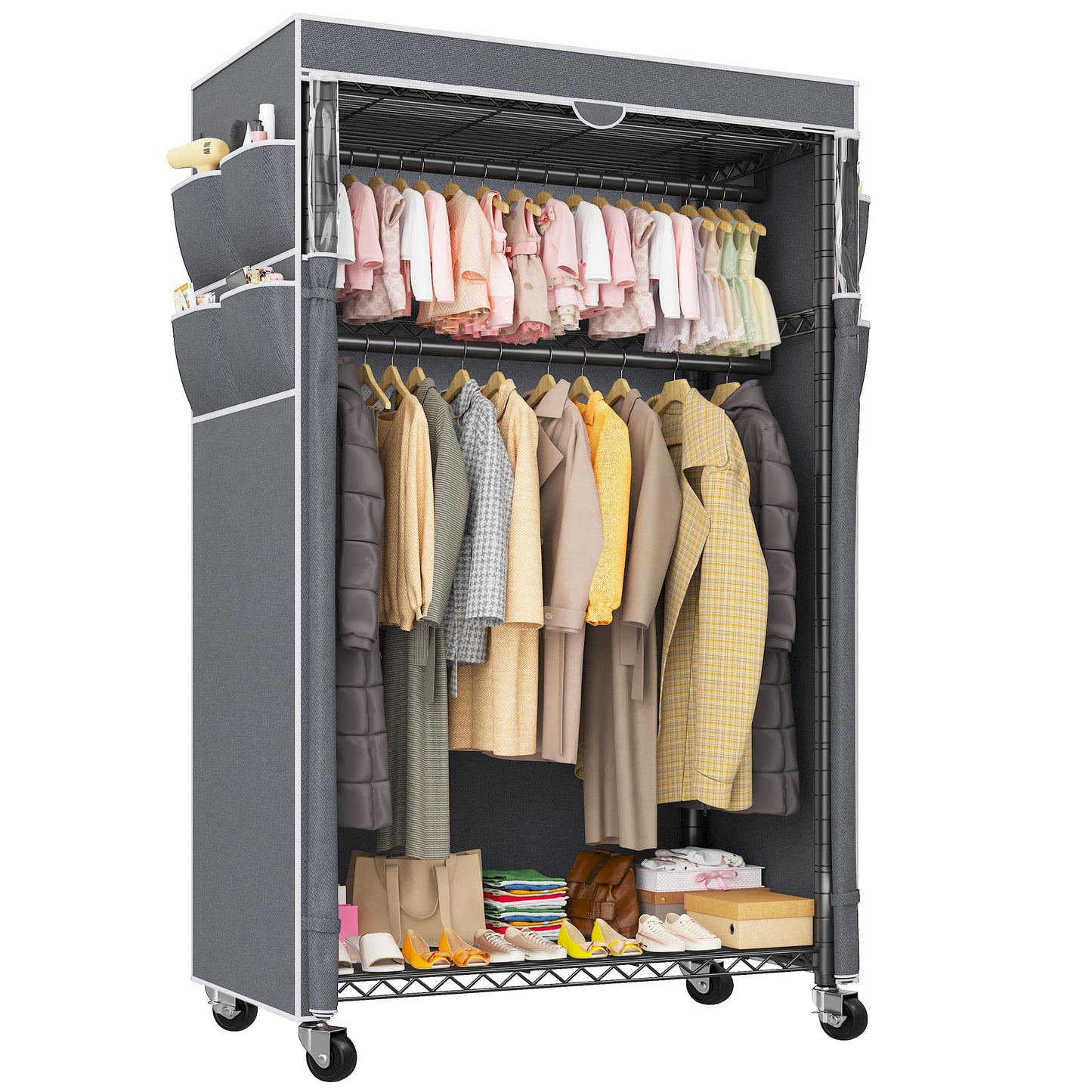 Raybee Clothes Rack with Cover and Wheels,Heavy Duty Clothing Racks for Hanging Clothes Adjustable, Rolling Portable Closet, 35.5" W*15.7" D*79 "H Black