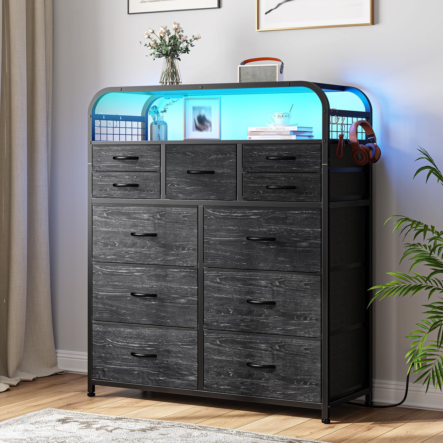 Dresser for Bedroom with 11 Drawers & Station, Chest of Drawers with LED Lights & 4 Hooks, Closet, Living Room, Entryway, Black