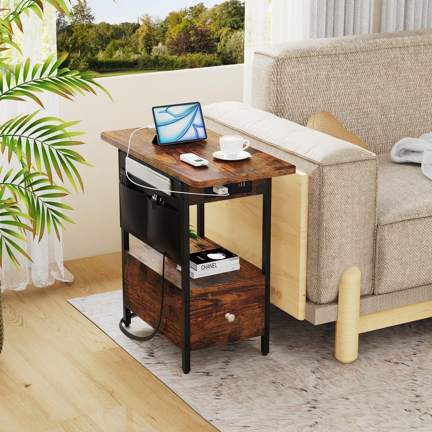 Yenlure Small Side Table with Charging Station, Narrow Nightstand Bedside Tables with Storage Pocket for Living Room Bedroom, Sofa End Table with USB Ports and Power Outlets for Small Spaces