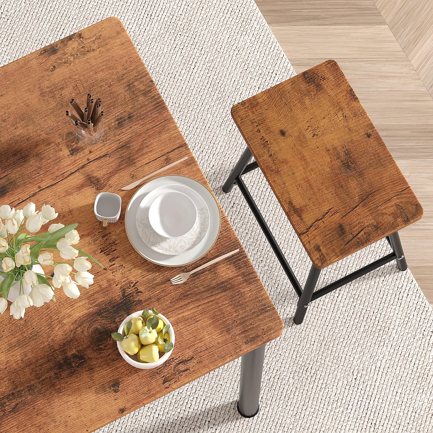 VECELO Kitchen Table and Chairs for 4, Dining Room Set with Chairs/Stools, Heavy-Duty Metal Frame with Wooden Tabletop for Small Spaces, Easy Assembly, Retro Brown
