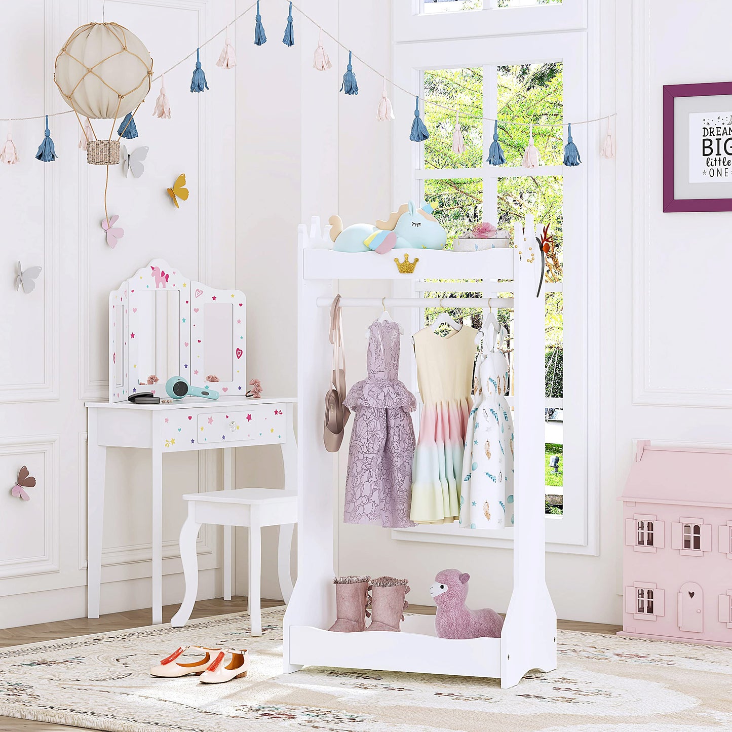UTEX Kids Dress Up Storage, Kids' Costume Organizer Center, Open Hanging Armoire Closet, Kids Armoire with Rack for Toddler 3 Age+, White