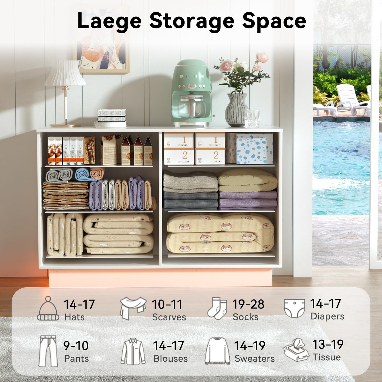 Fluted Dresser for Bedroom with 6 Drawers, 47" Wide Chest of Drawers with LED Light and Charging Station, Wood Drawer Organizer for Bedroom, Living Room, Hallway, Entryway