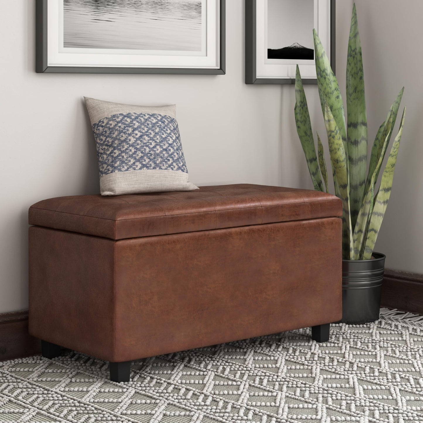 SIMPLIHOME Cosmopolitan 34 inch Wide Transitional Rectangle Storage Ottoman in Distressed Saddle Brown Vegan Faux Leather, Assembled, For the Living Room, Entryway and Family Room