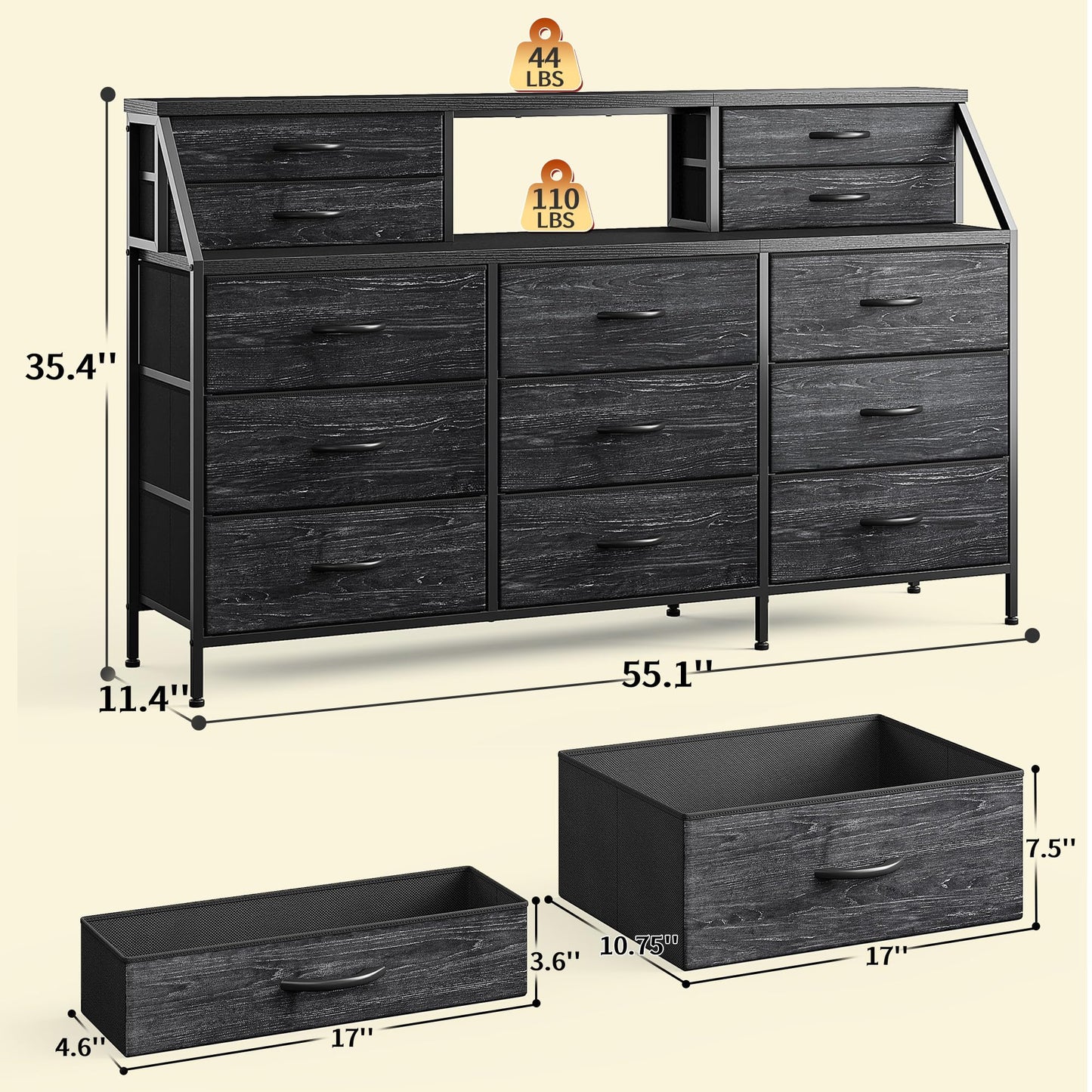 Romorgniz 55" W Black Dresser for Bedroom, Dressers & Chests of Drawers with 13 Fabric Drawers and 2 Extra Open Shelves, Long Vanity Dressers for Bedroom & Closet, Metal Frame & Wooden Top