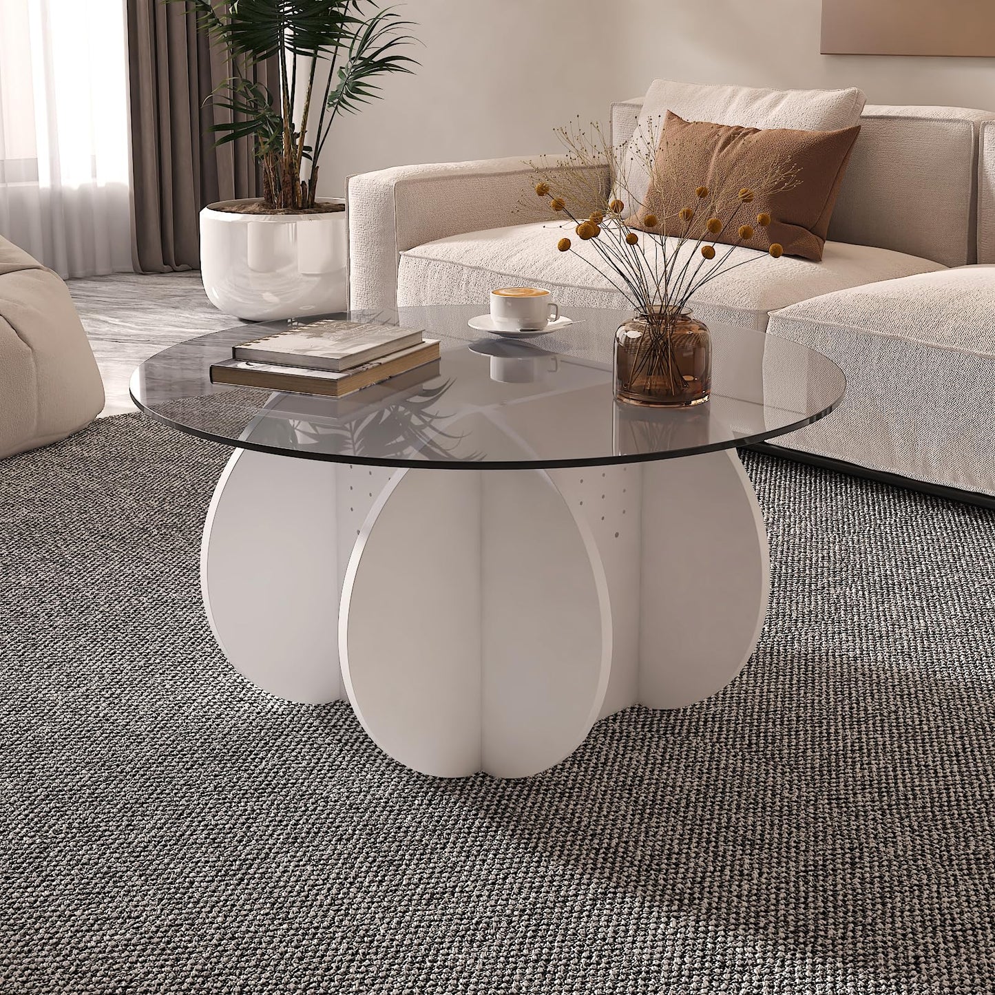 HedoAjim Round Coffee Table with Glass Top,Center Table with Storage for Living Room,Small Spaces, Office, and Lounge,32" White and Grey Glass Coffee Table