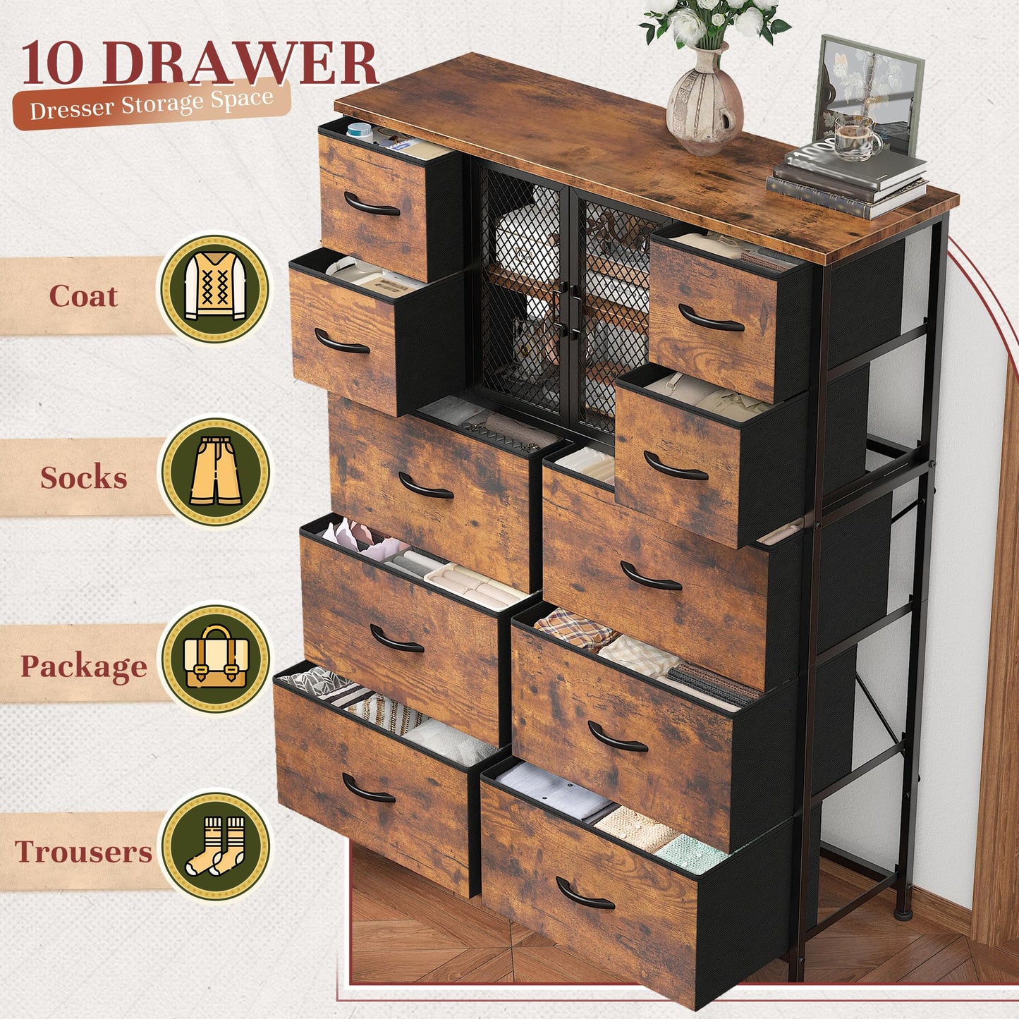 Romorgniz Tall Dressers for Bedroom with 10 Drawers, Chests of Drawers with Large Metal Mesh Door, Closet, Hallway, Rustic Brown 48.2" H x 38.1" W x 11.8" D