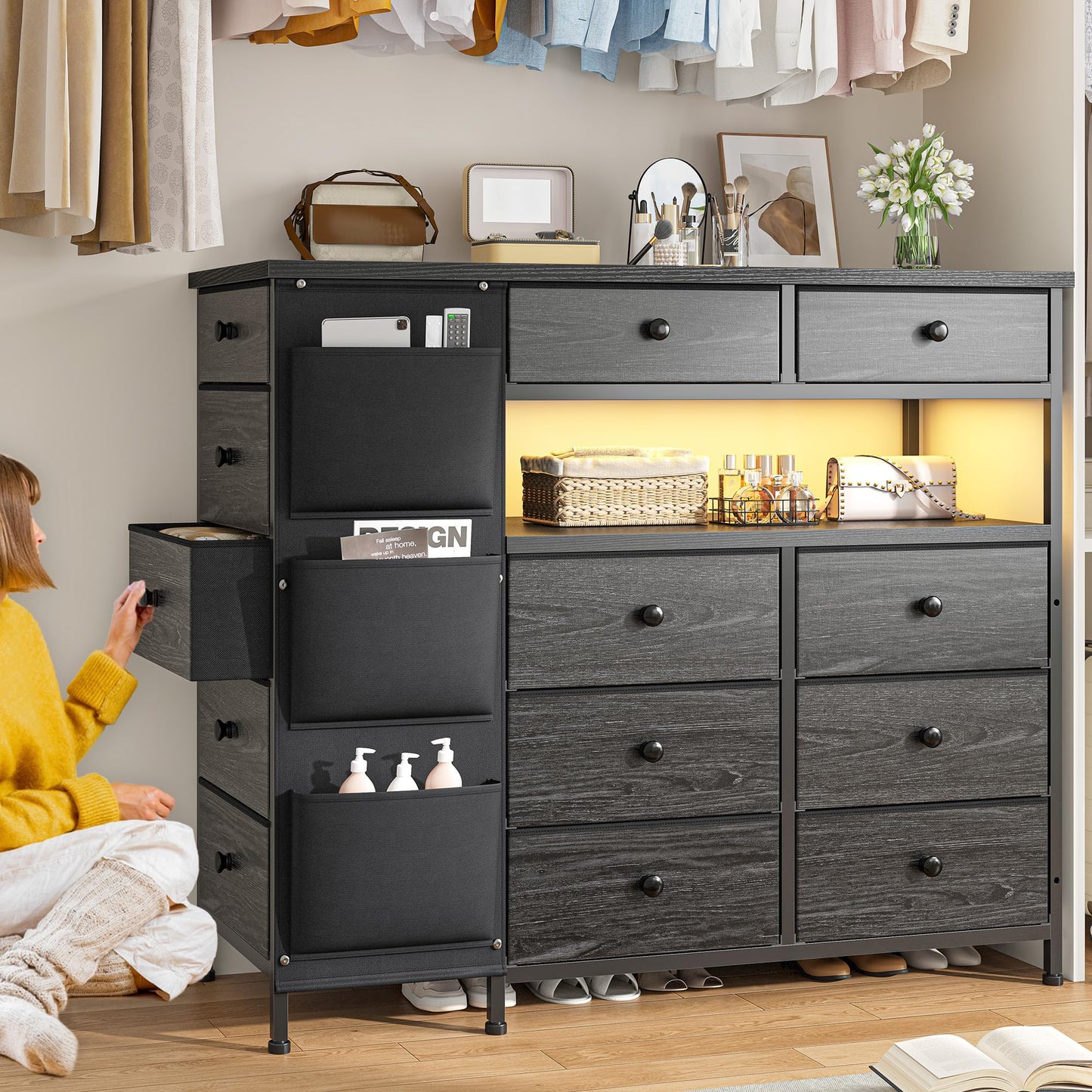 EnHomee Dresser for Bedroom with 13 Fabric Drawers and LED Lights, Closet Island with Side Pocket, Dressers & Chests of Drawers for Bedroom Closet Organizer, Black