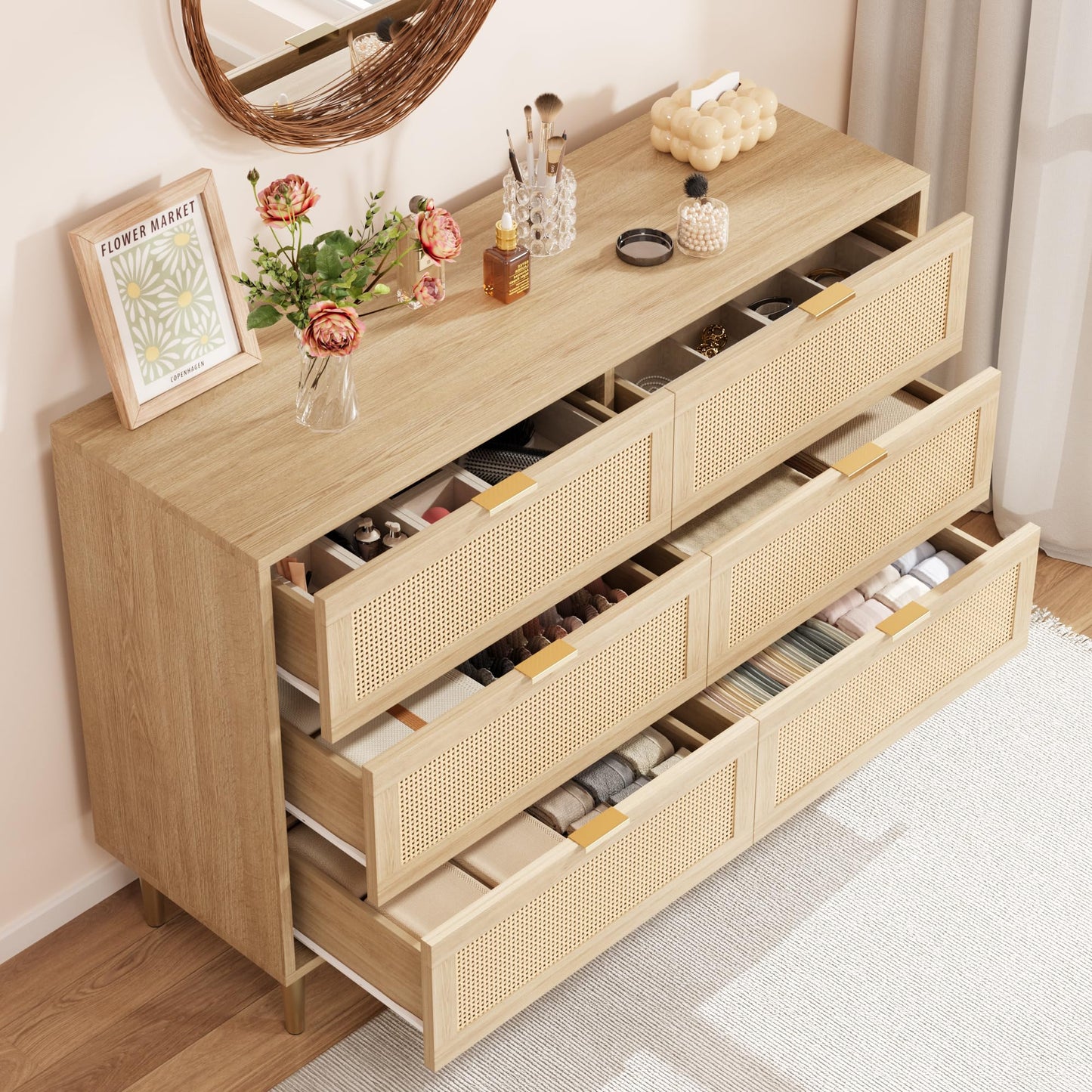 IDEALHOUSE Natural Rattan 6 Drawer Dresser for Bedroom, Modern Chest of Drawers with Gold Legs and Gold Handles, Wide Double Dresser with Large Tabletop and Anti-Tipping Design for Bedroom Living Room