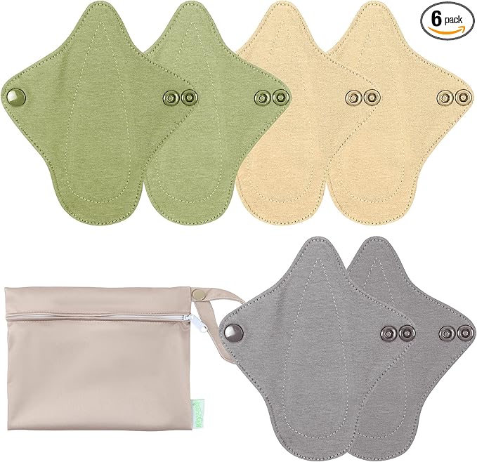 wegreeco 6 Pcs Reusable Menstrual Pads, Ultra Absorbent Cloth Pads for Heavy Flow, Sanitary for Teens, Women, Nonsli, Inner Mustard Yellow, Grey, Beige, Rose Gold Outer, XS