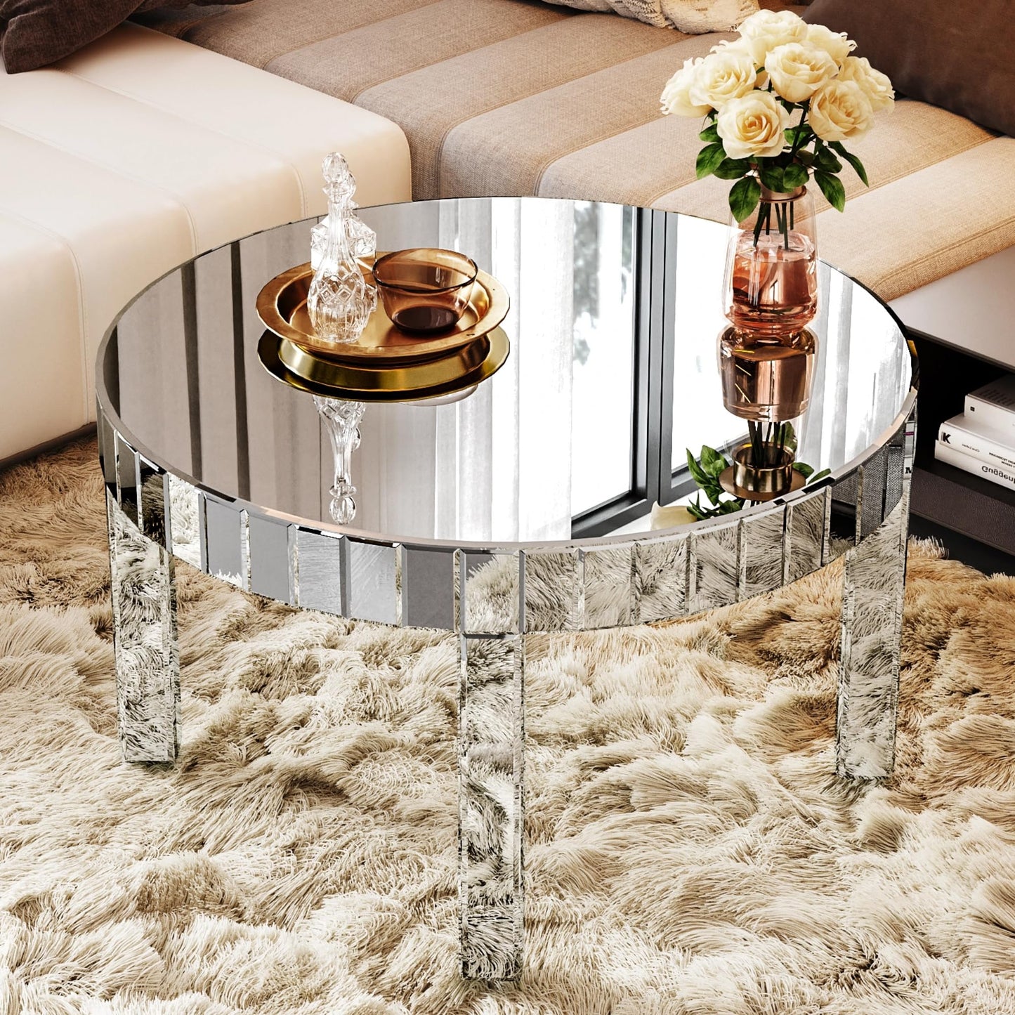 KUVADAZ Silver Mirrored Coffee Table, 31.5" Round Mirror Center Table with Starburst Mirror Mosaic Design, Modern Luxury Mirrored Furniture Glass Top Cocktail Tea Table for Living Room