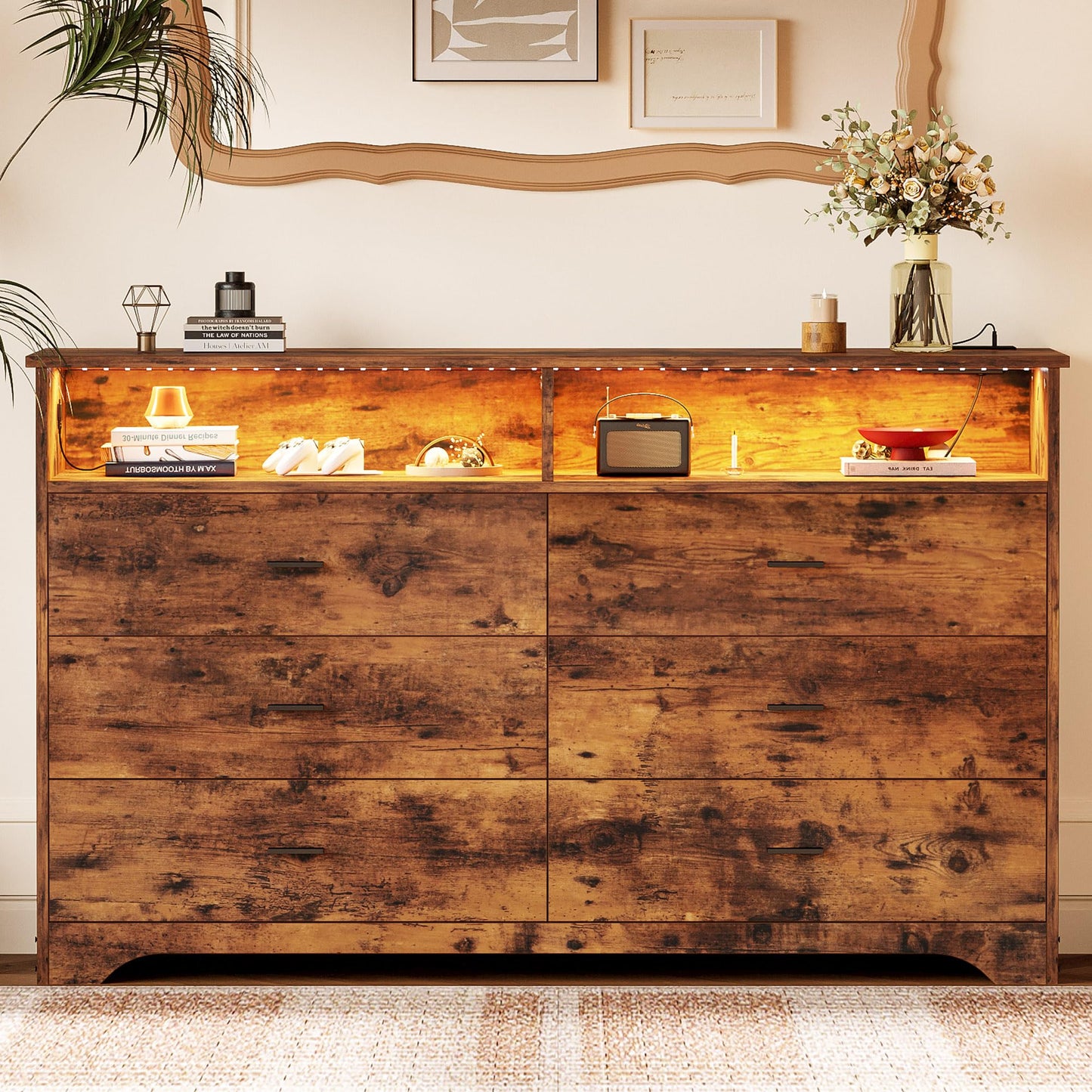 LIKIMIO 6 Drawer 59" Brown Dresser with LED and Power Strip, Dressers & Chests of Drawers with Storage Cabinet for Bedroom
