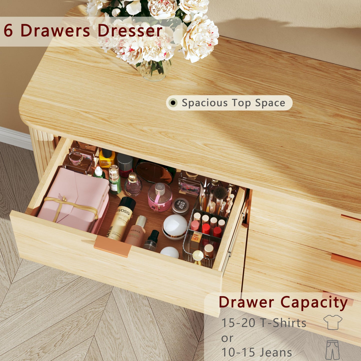 LIMGLIM Mid Century Modern Dresser, Fluted 6 Drawers Dresser for Bedroom, Curved Profile Design, Wide Wood Chests of Drawers Storage for Entryway, Hallway, Oak