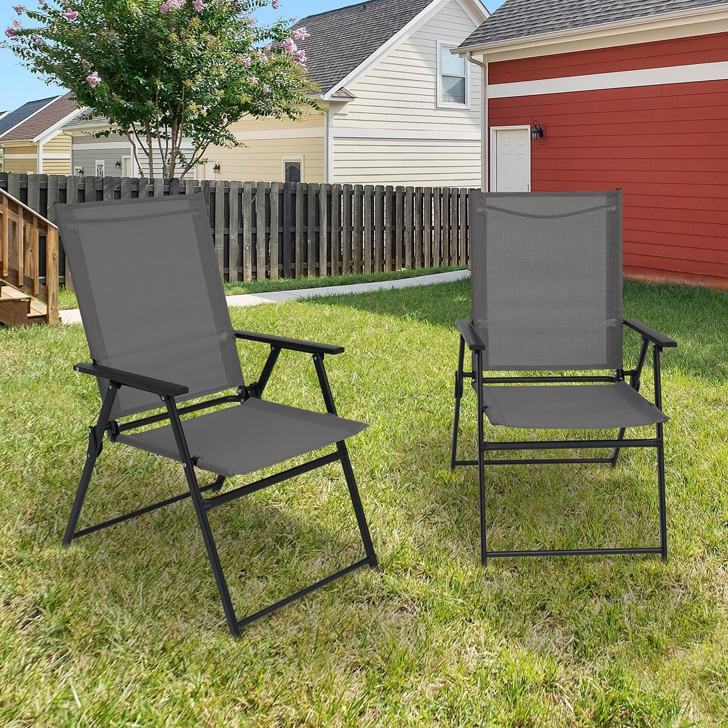 Anmutig Patio Folding Chairs Set of 4, Outdoor Portable Dining Chair with Sling Back and Armrests for Lawn Camping Courtyard Balcony Garden Grey