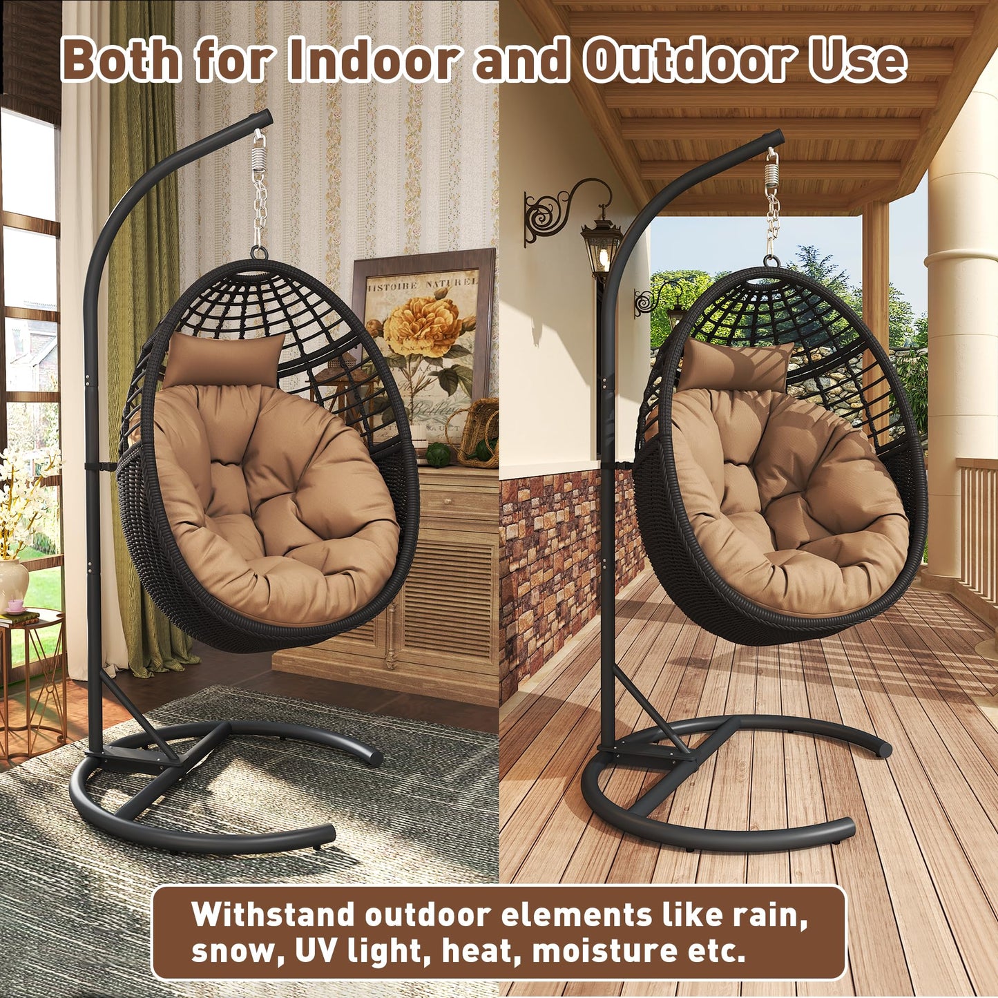 Erotr Egg Swing Hanging Chair with Stand, Outdoor Rattan Egg Hammock Chair with Cushion Pillow for Indoor Bedroom Patio Garden for 330lbs/150kg - Dark Brown