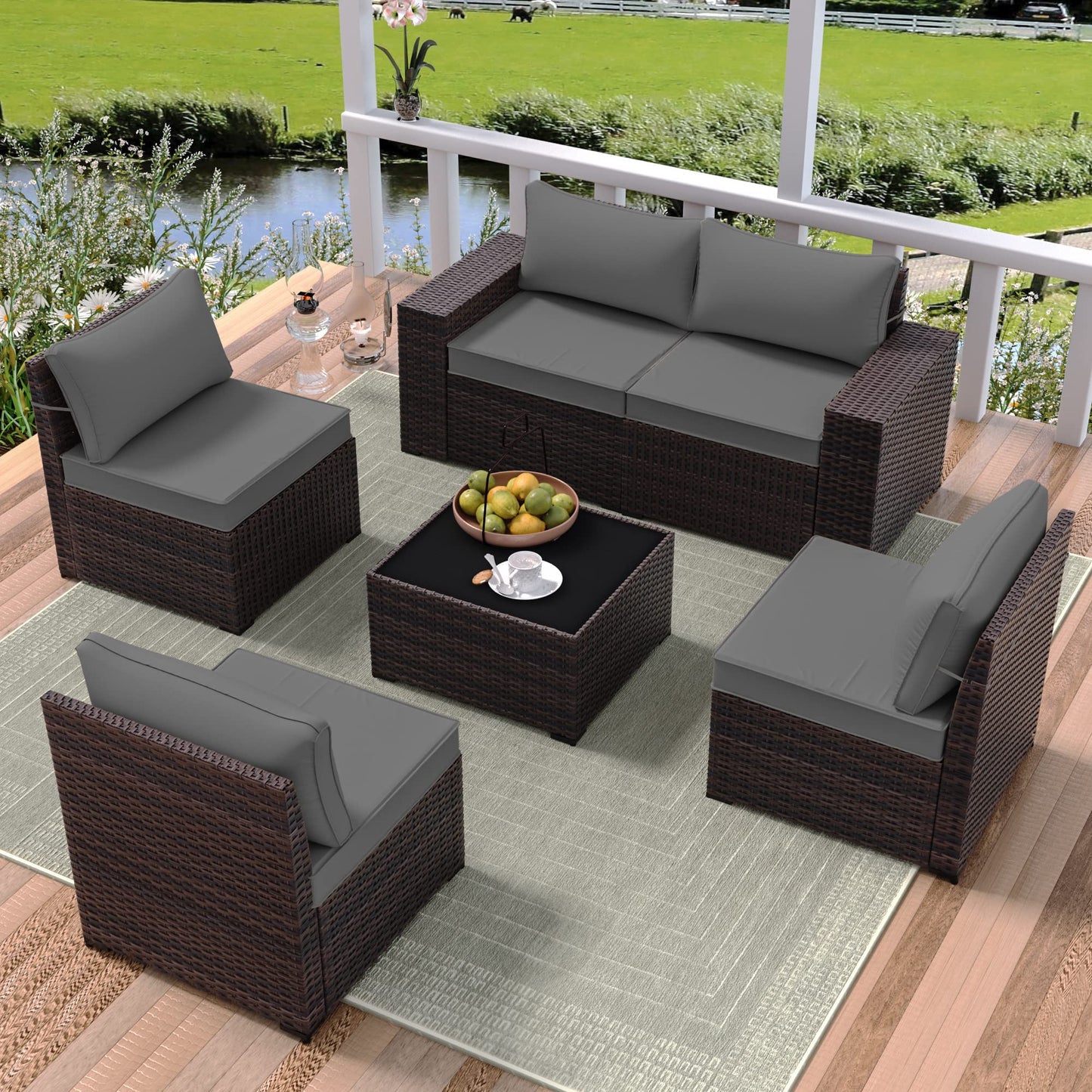RTDTD Outdoor Patio Furniture Set, 6 Pieces Outdoor Furniture All Weather Patio Sectional Sofa PE Wicker Modular Conversation Sets with Coffee Table,5 Chairs & Seat Clips (Grey)