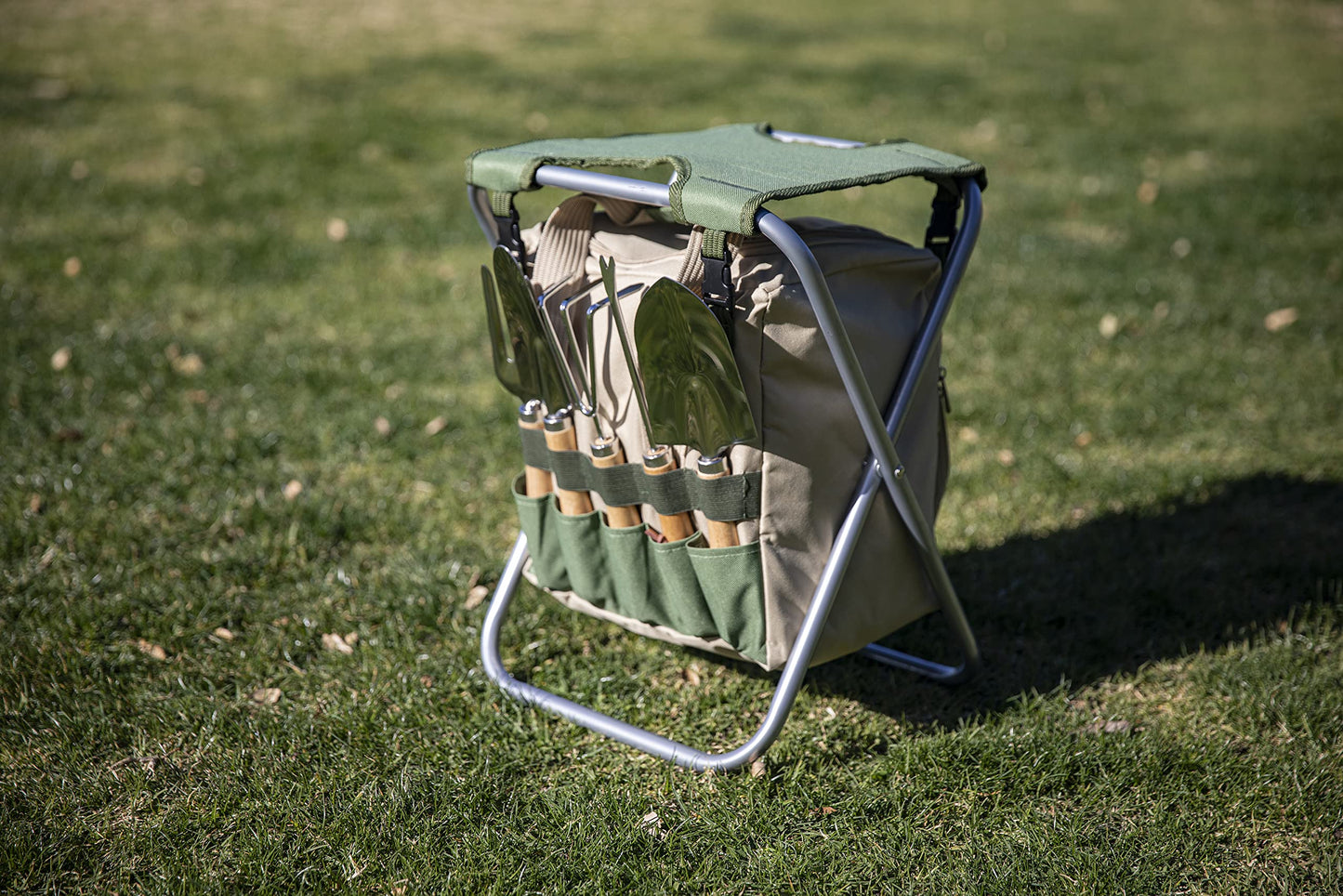 ONIVA - a Picnic Time brand Gardener Folding Seat with Tools, Garden Stool with Detachable Storage Tote Bag, Portable Chair Seat with Garden Tools Set Organizer, Olive Green with Beige Accents