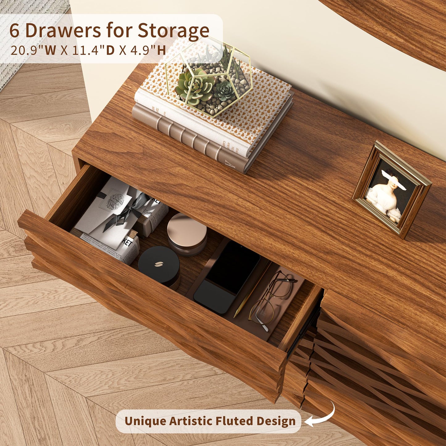 Lamohome Mid Century Modern 6-Drawer Dresser – Solid Wood Fronts, 47" Chest of Drawers with Fluted Design for Bedroom & Living Room, Natural Wood Finish