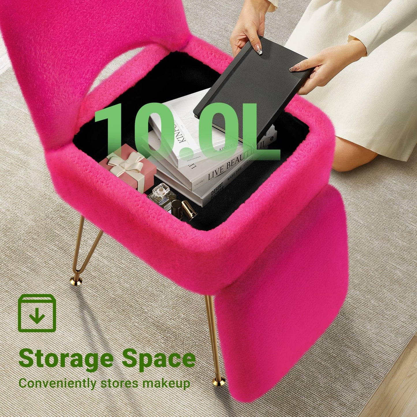 GREENSTELL Vanity Stool Chair with Storage and Folding Back, 13.4" x 15" x 30" Square Faux Fur Soft Ottoman, 4 Metal Legs with Anti-Slip Feet, Furry Padded Seat for Makeup, Bedroom, Rose