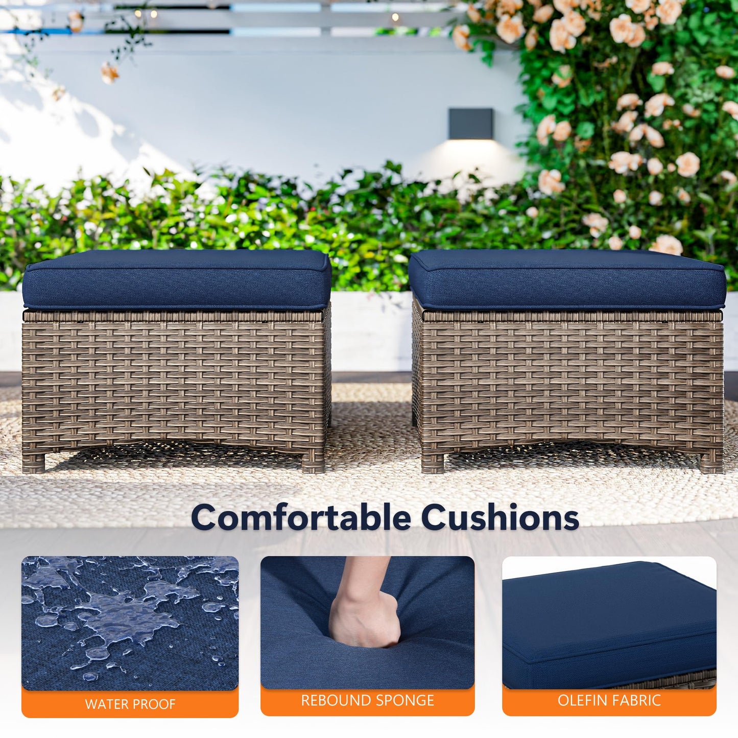 MaxMulti 2 Pieces Patio Ottomans, Outdoor Wicker Footrest Seat with Removable Cushions, Multipurpose Patio Furniture for Outdoor, Backyard and Deck Use (Blue)