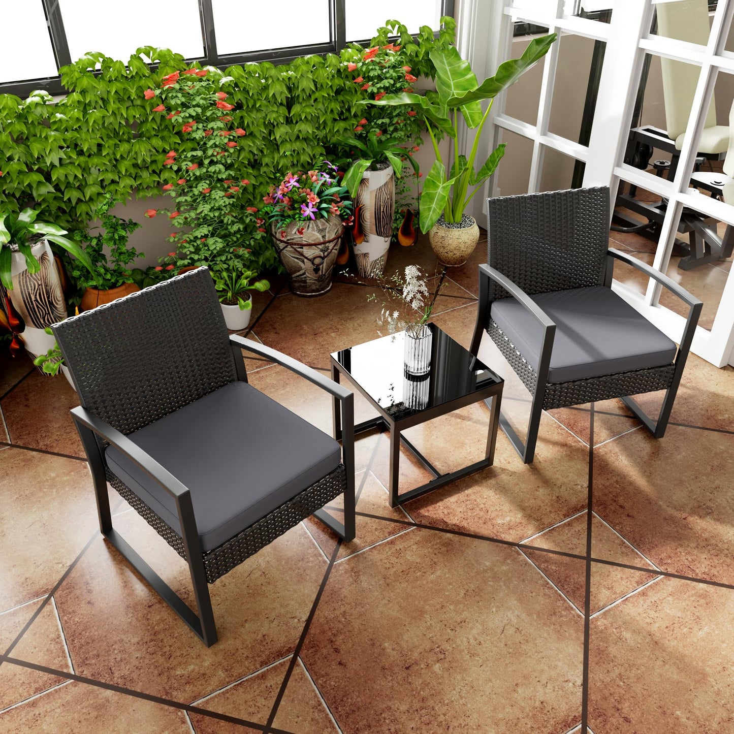 ELEGIBLISS 3-Piece Patio Furniture Set, Wicker Rattan Chairs with Coffee Table, Metal Frame, for Outdoor Balcony, Porch
