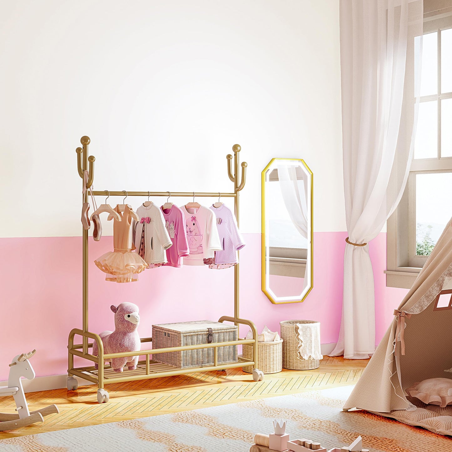 Bestier Kids Dress Up Rack, Adjustable Height for Kids Clothes, Metal Rack with Wheels and Bottom Storage Shelf, Gold
