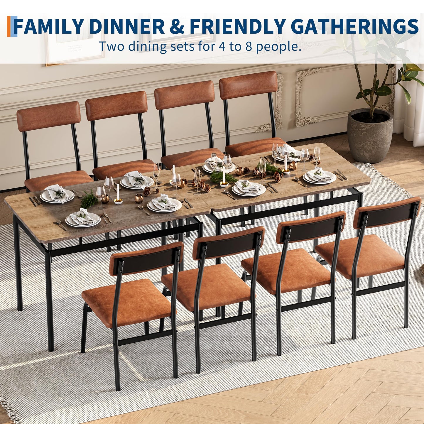 Garvee Dining Table Set for 4, 5 Piece Wooden Dining Room Table Set, 4 PU Upholstered Chair, Modern Metal Frame Dinette Set for Dining Room, Home Dinner, Party, Apartment, Brown
