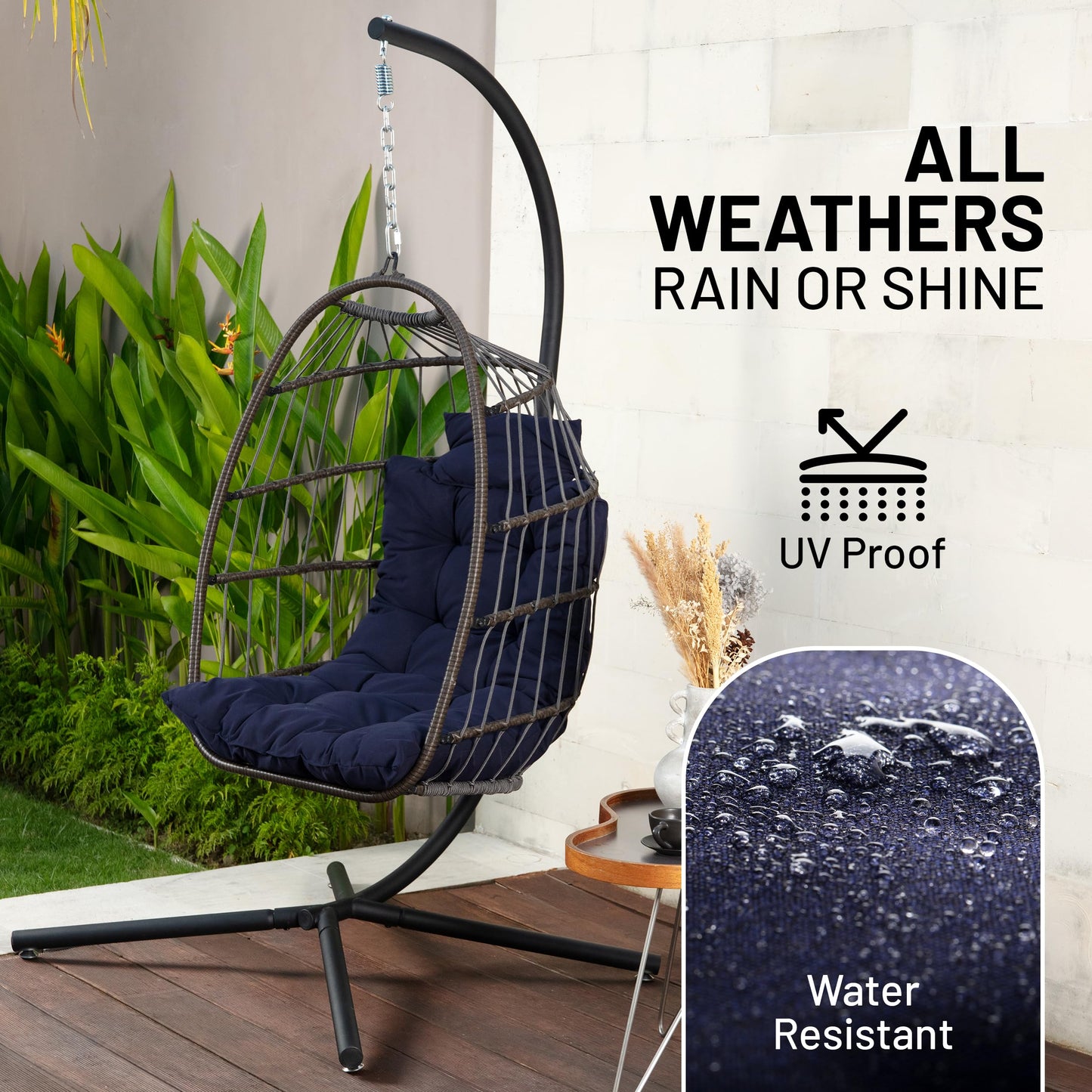 SereneLife Foldable Rattan Wicker Egg Chair Hanging Swing with Stand Waterproof Cushion and Headrest for Indoor Living Room Bedroom Patio Porch Balcony Garden Outdoor Use Deep Blue 350 lb Capacity