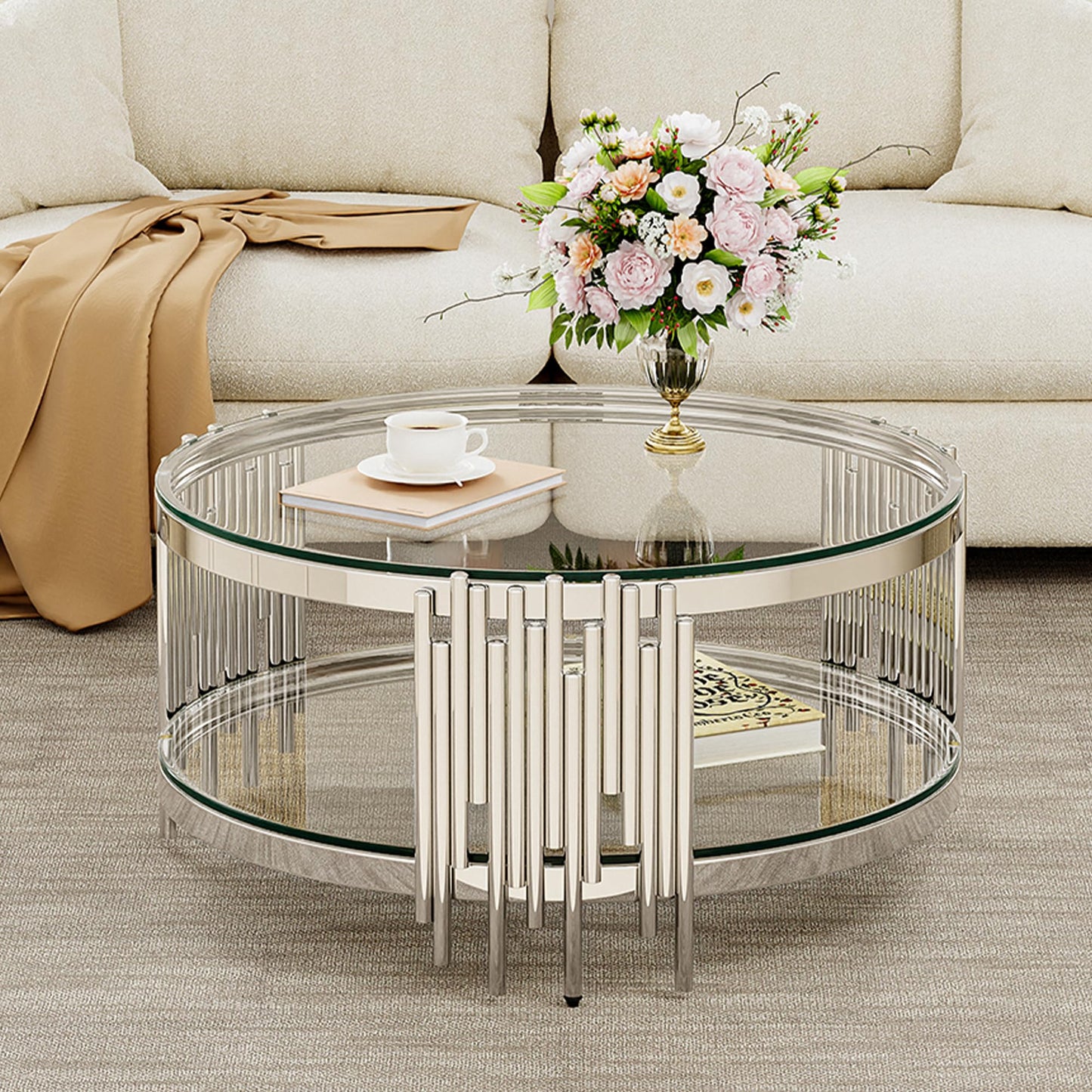 Round Glass Coffee Table, 35" Modern 2-Tier Center Table with Clear Tempered Glass Top and Silver Stainless Steel Base, Coffee Table for Living Room or Small Spaces