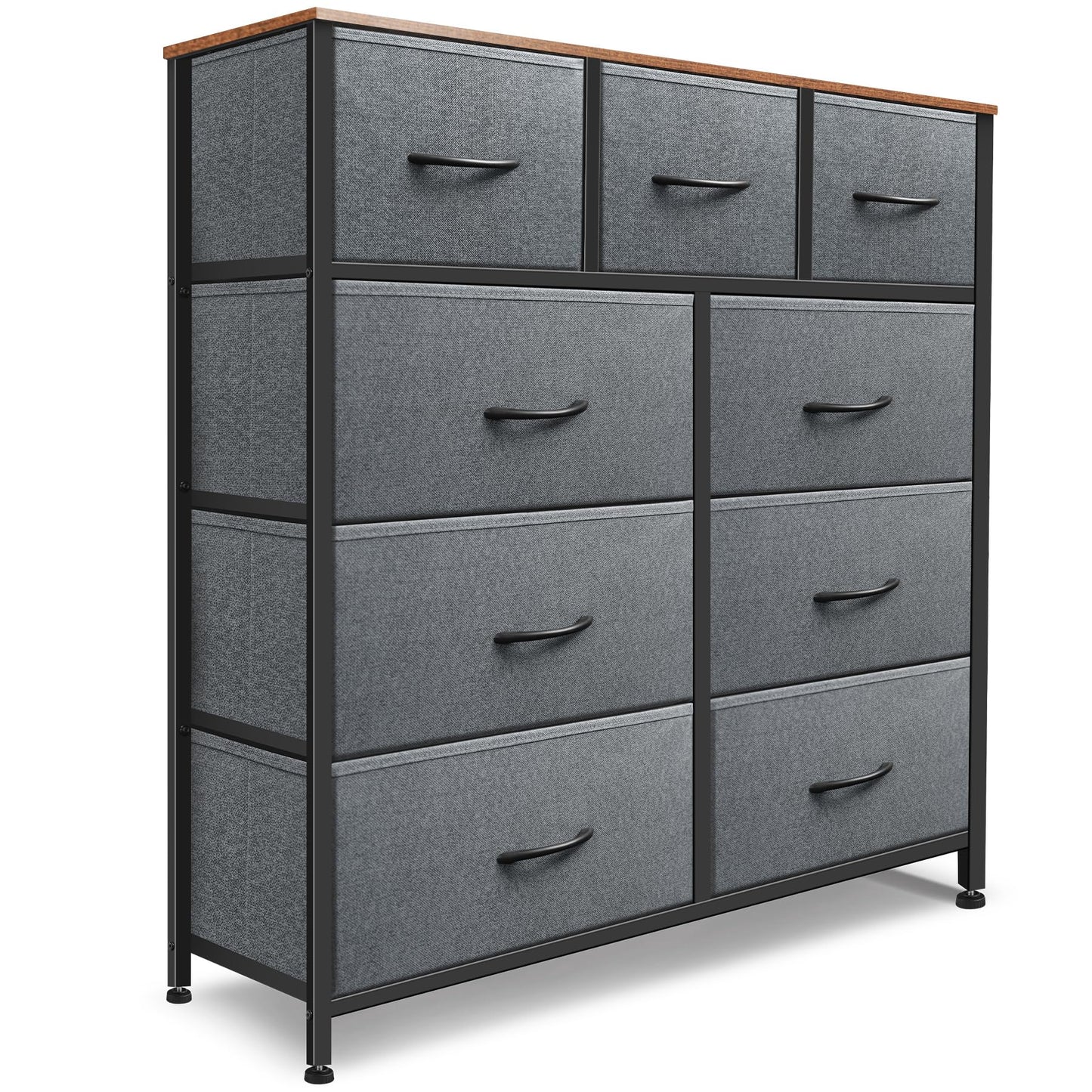 Sonharlar Dresser for Bedroom with 9 Drawers, Chest of Drawers, Storage Drawers Organizer Unit, Grey Wide Fabric Dresser with Fabric Bins for Closet, Living Room, Entryway (Grey and Rustic Brown)